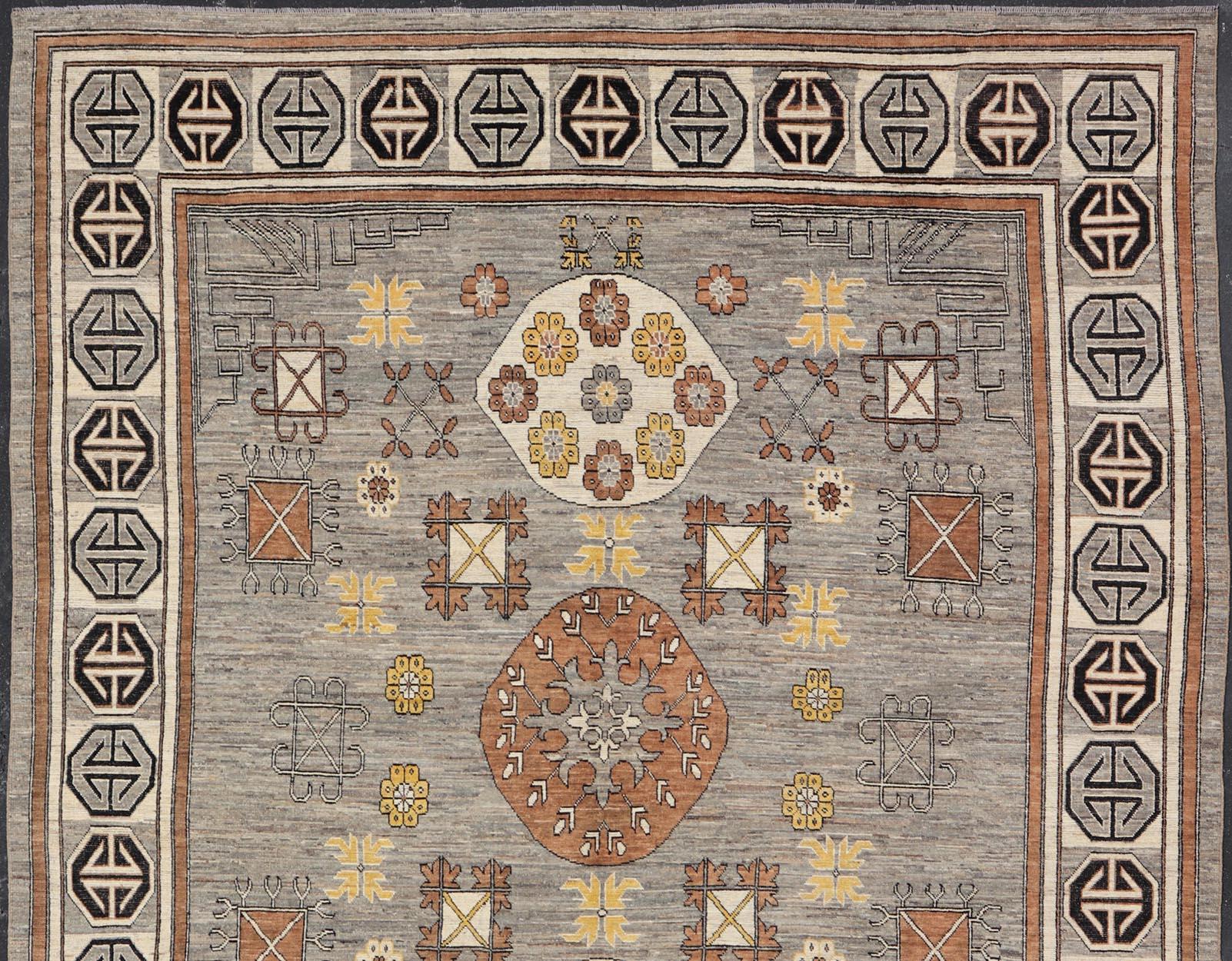 Modern Khotan Rug with Circular Medallions in Shades of Gray, Brown and Yellow  For Sale 1