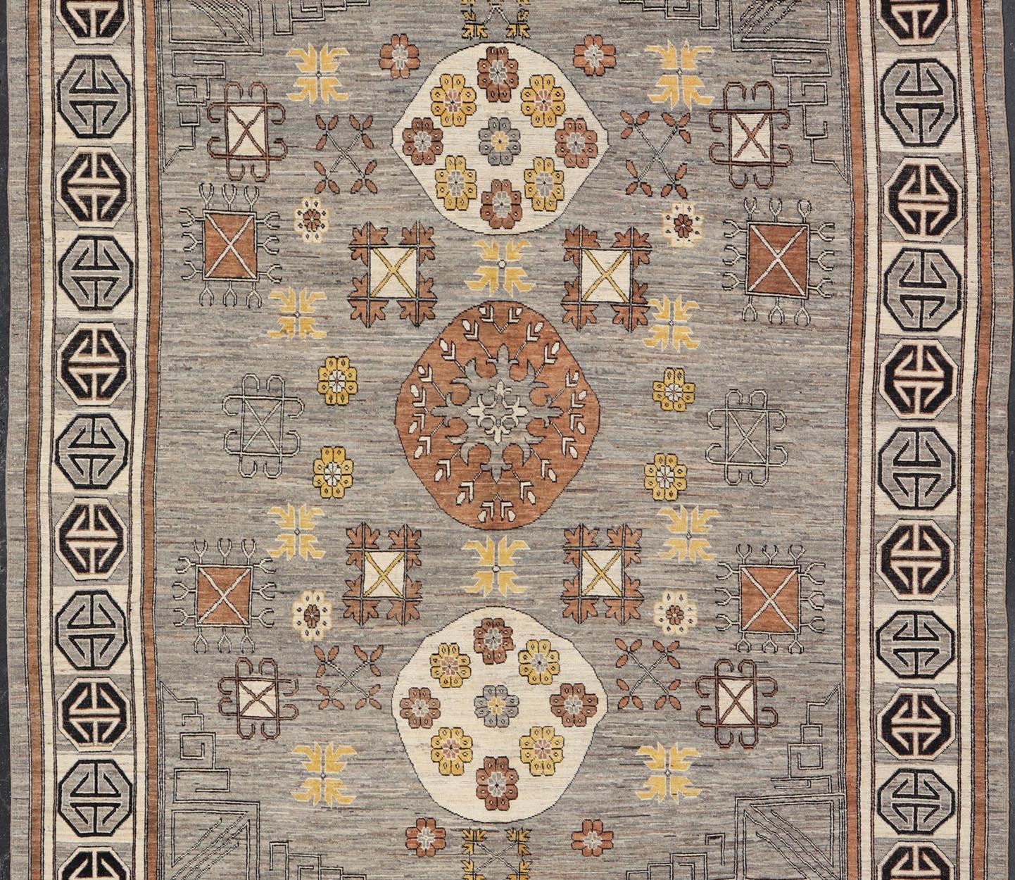 Modern Khotan Rug with Circular Medallions in Shades of Gray, Brown and Yellow  For Sale 2