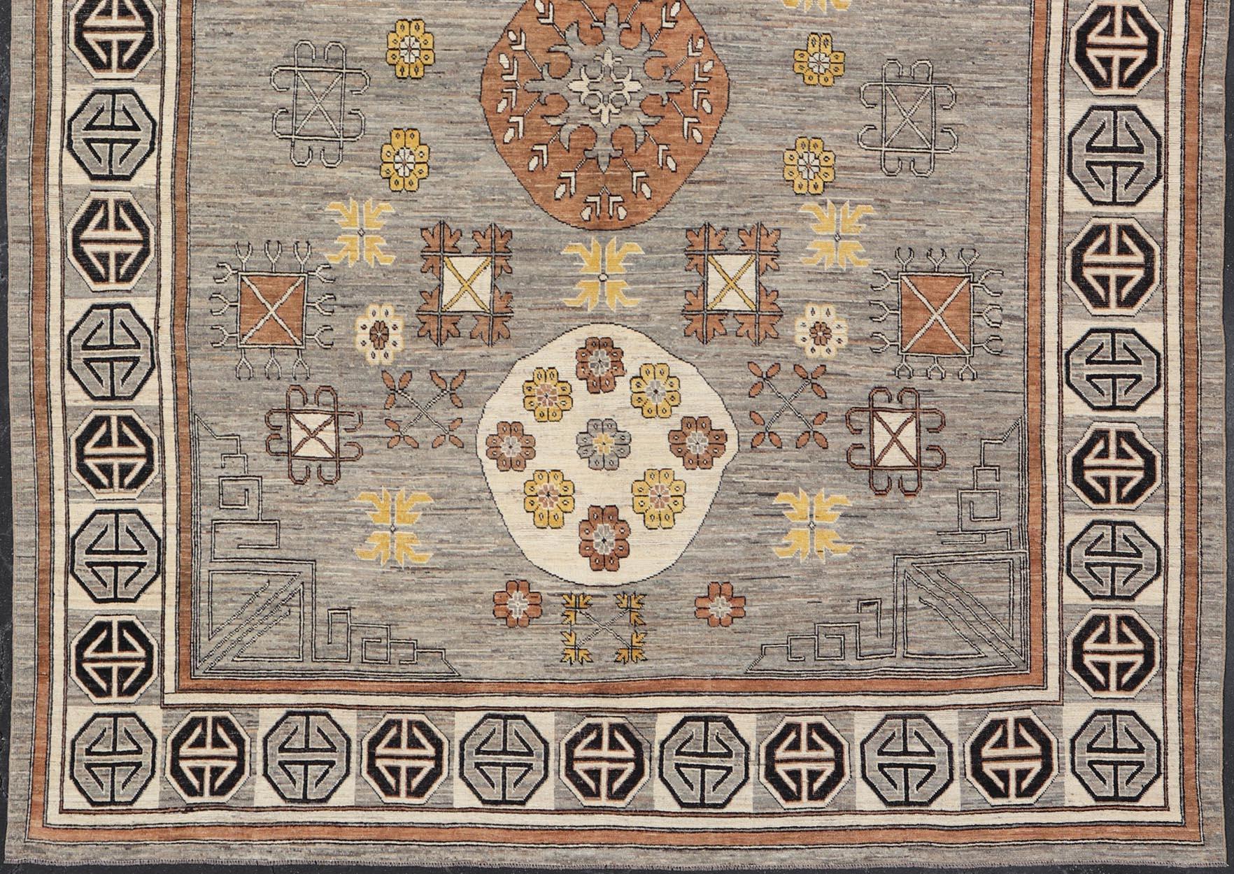 Modern Khotan Rug with Circular Medallions in Shades of Gray, Brown and Yellow  For Sale 3