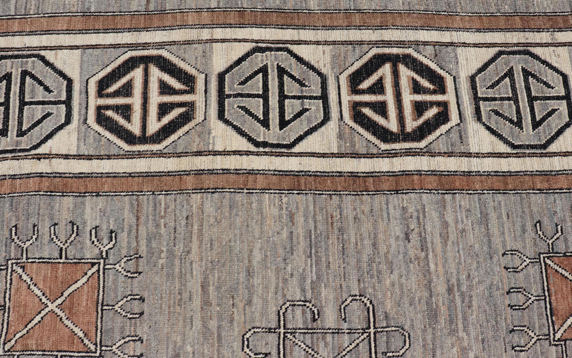 Hand-Knotted Modern Khotan Rug with Circular Medallions in Shades of Gray, Brown and Yellow For Sale