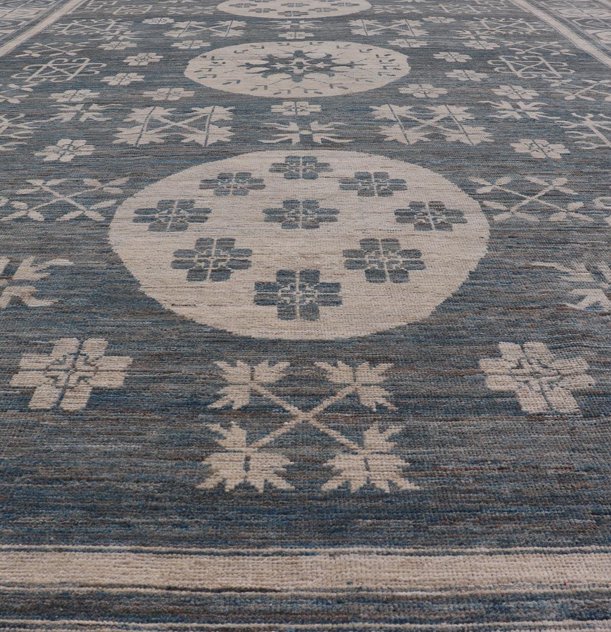 Modern Khotan Rug with Circular Medallions in Shades of Steel Blue & off White For Sale 6