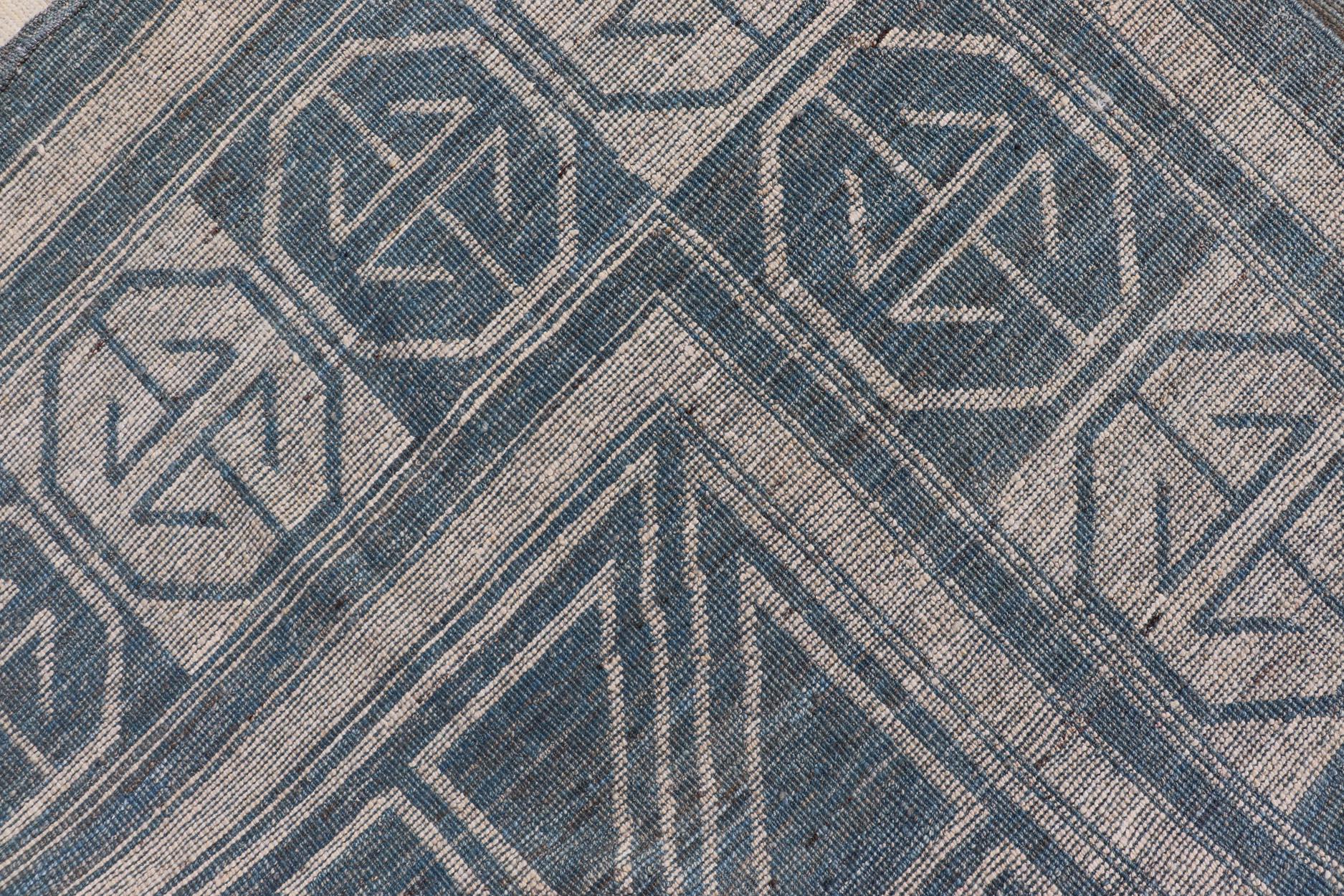 Modern Khotan Rug with Circular Medallions in Shades of Steel Blue & off White For Sale 8