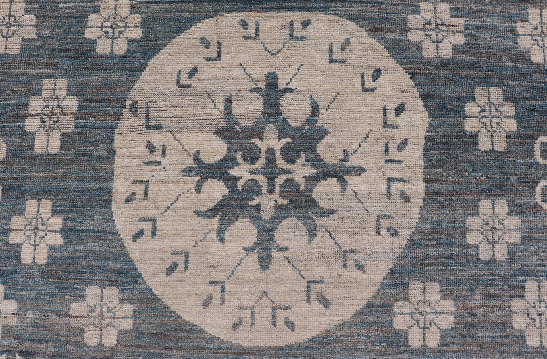 Afghan Modern Khotan Rug with Circular Medallions in Shades of Steel Blue & off White For Sale
