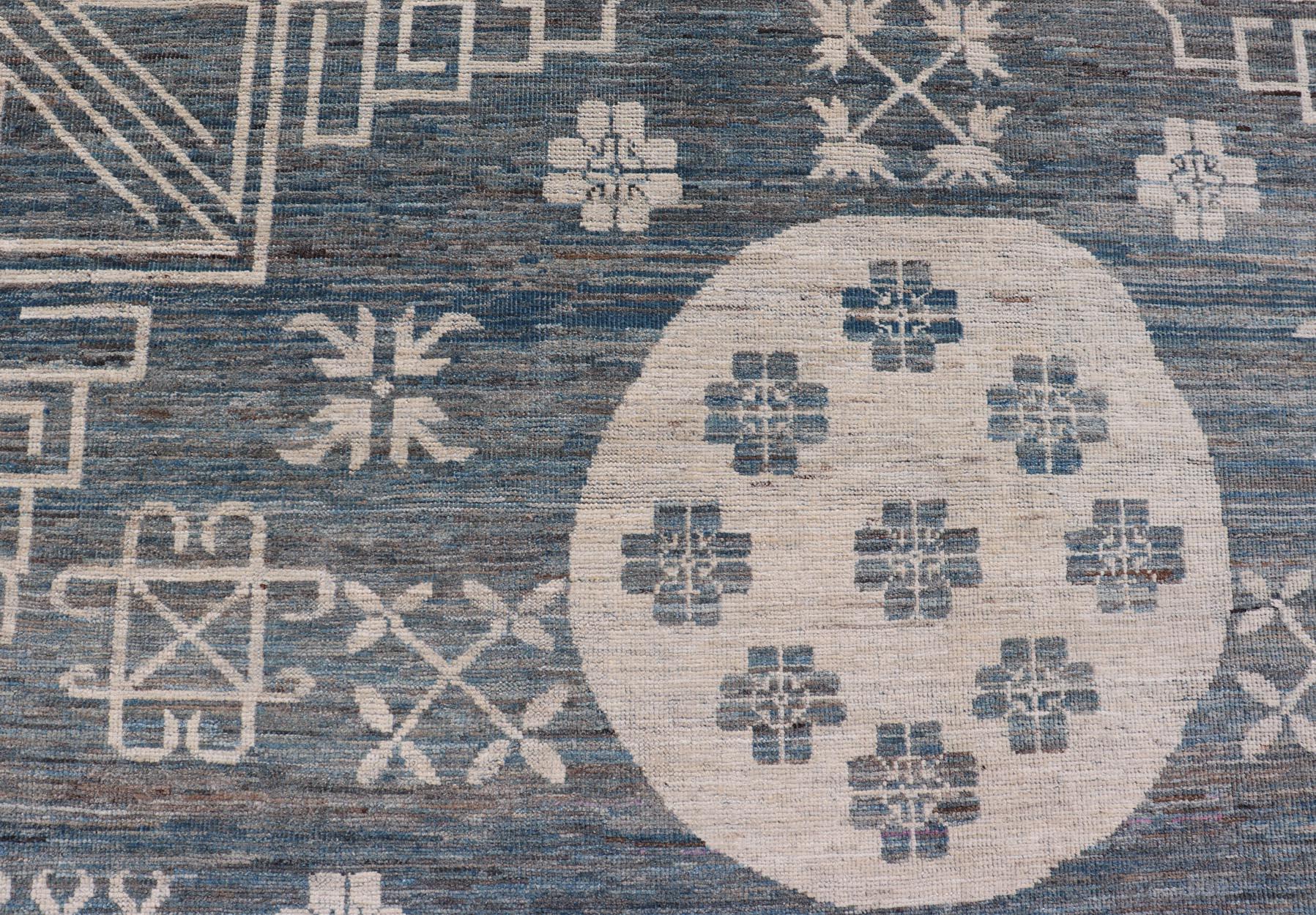 Hand-Knotted Modern Khotan Rug with Circular Medallions in Shades of Steel Blue & off White For Sale