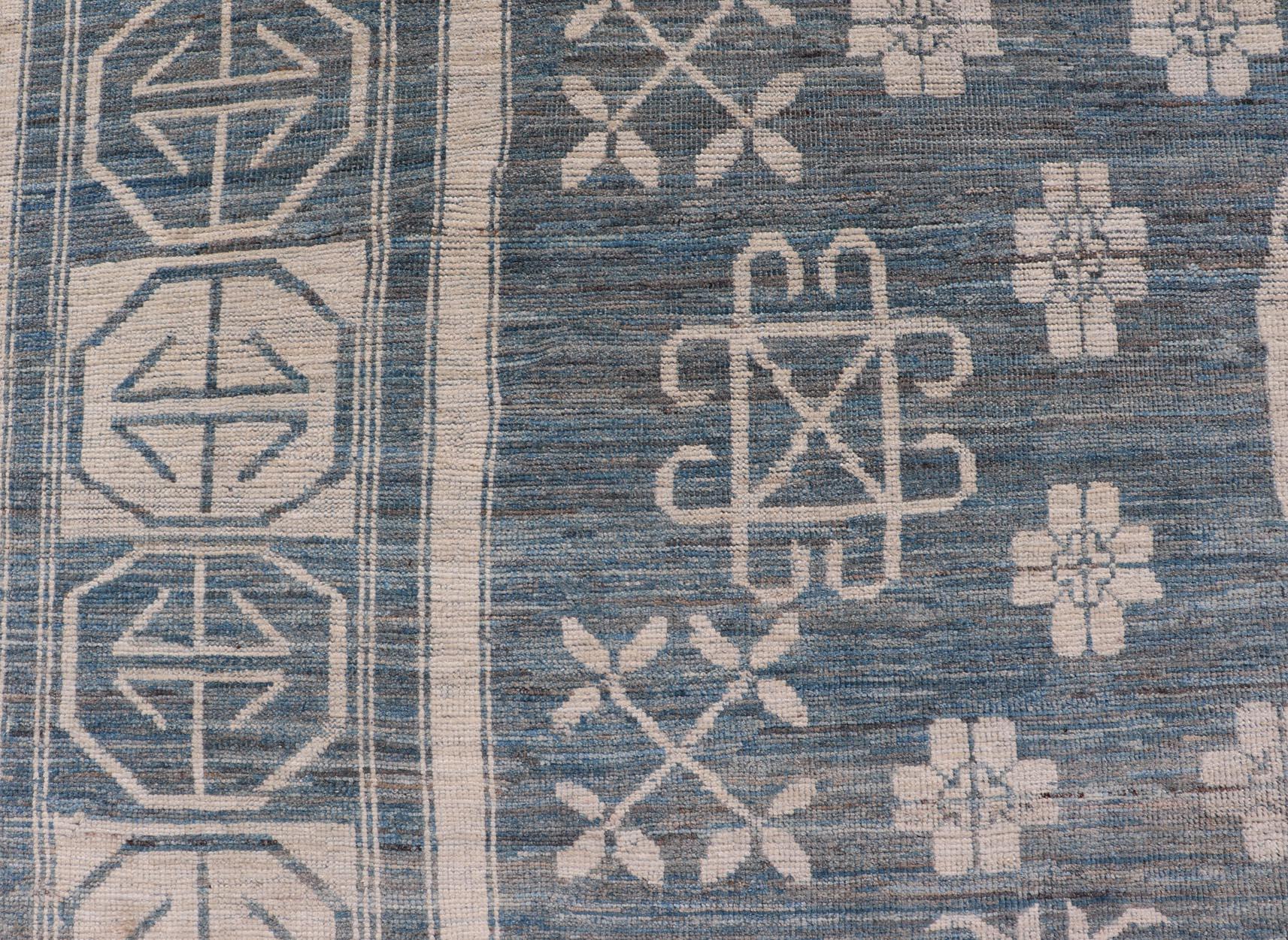 Modern Khotan Rug with Circular Medallions in Shades of Steel Blue & off White In New Condition For Sale In Atlanta, GA