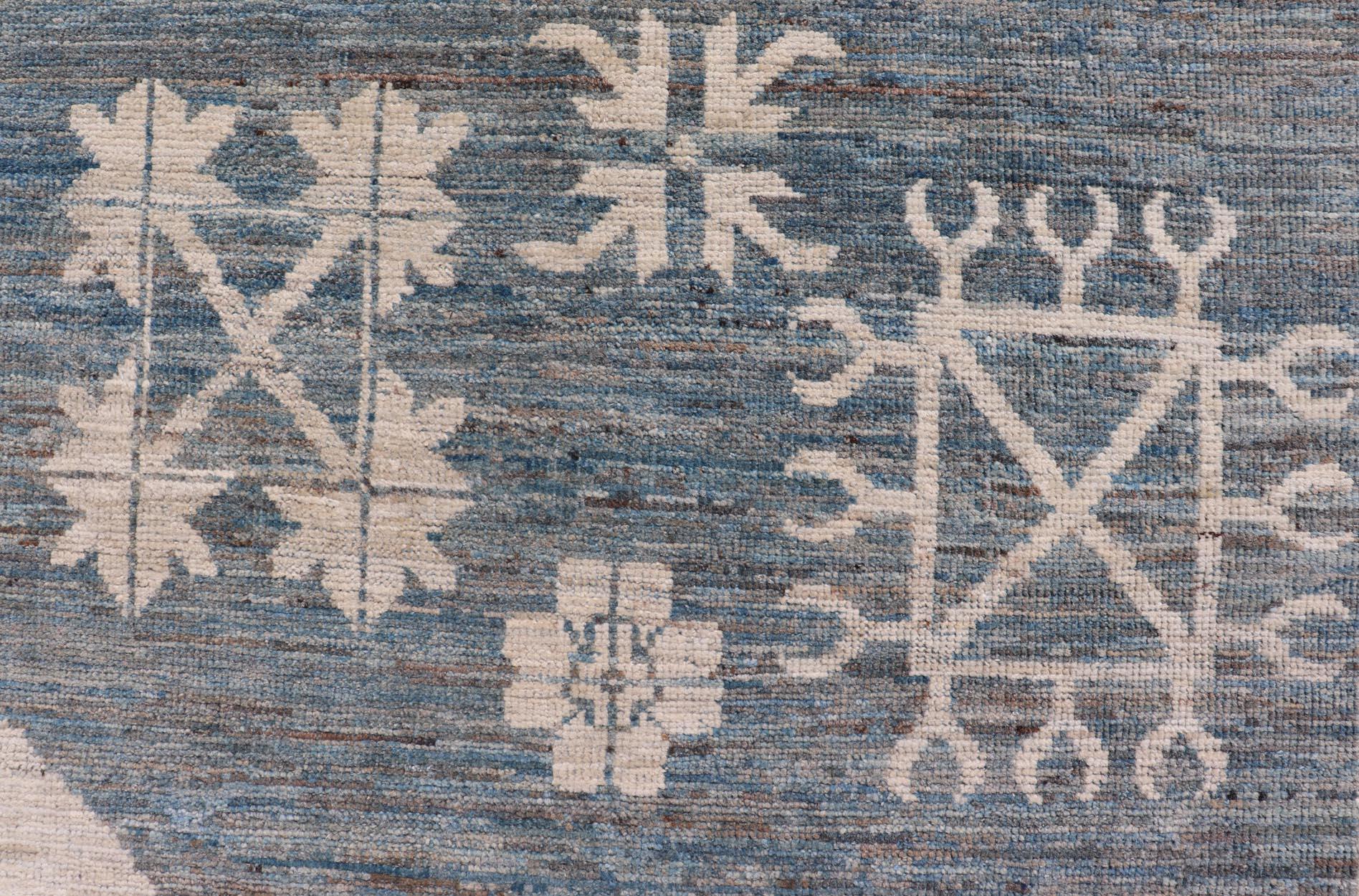 Contemporary Modern Khotan Rug with Circular Medallions in Shades of Steel Blue & off White For Sale
