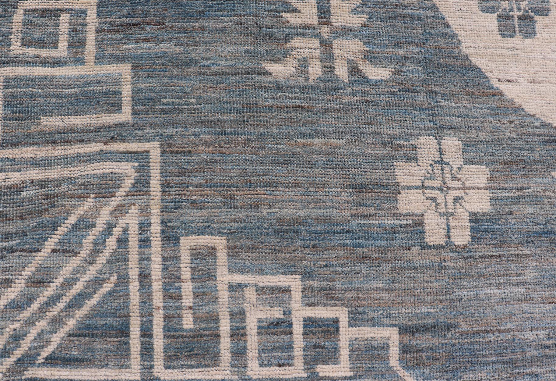 Wool Modern Khotan Rug with Circular Medallions in Shades of Steel Blue & off White For Sale