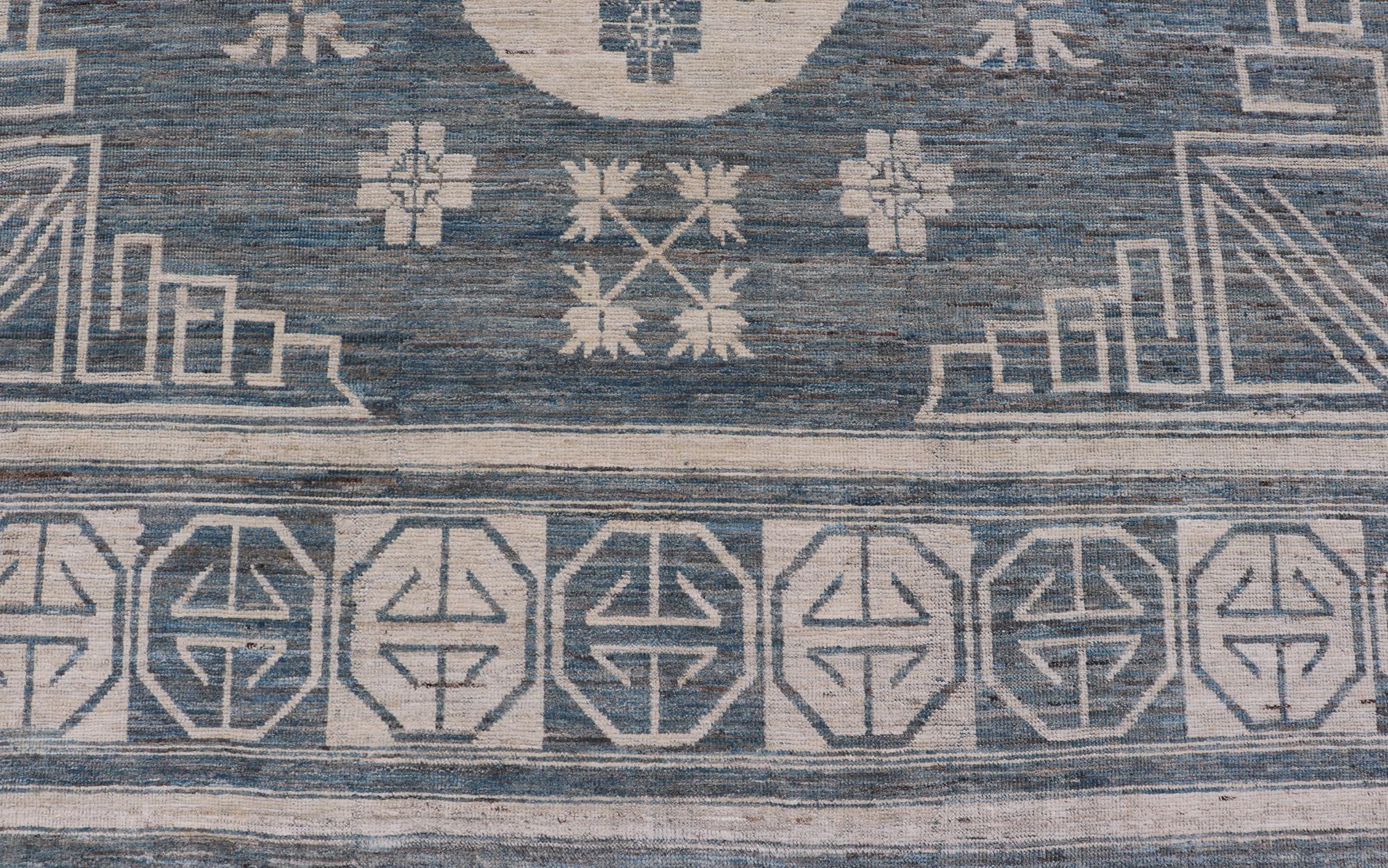 Modern Khotan Rug with Circular Medallions in Shades of Steel Blue & off White For Sale 1