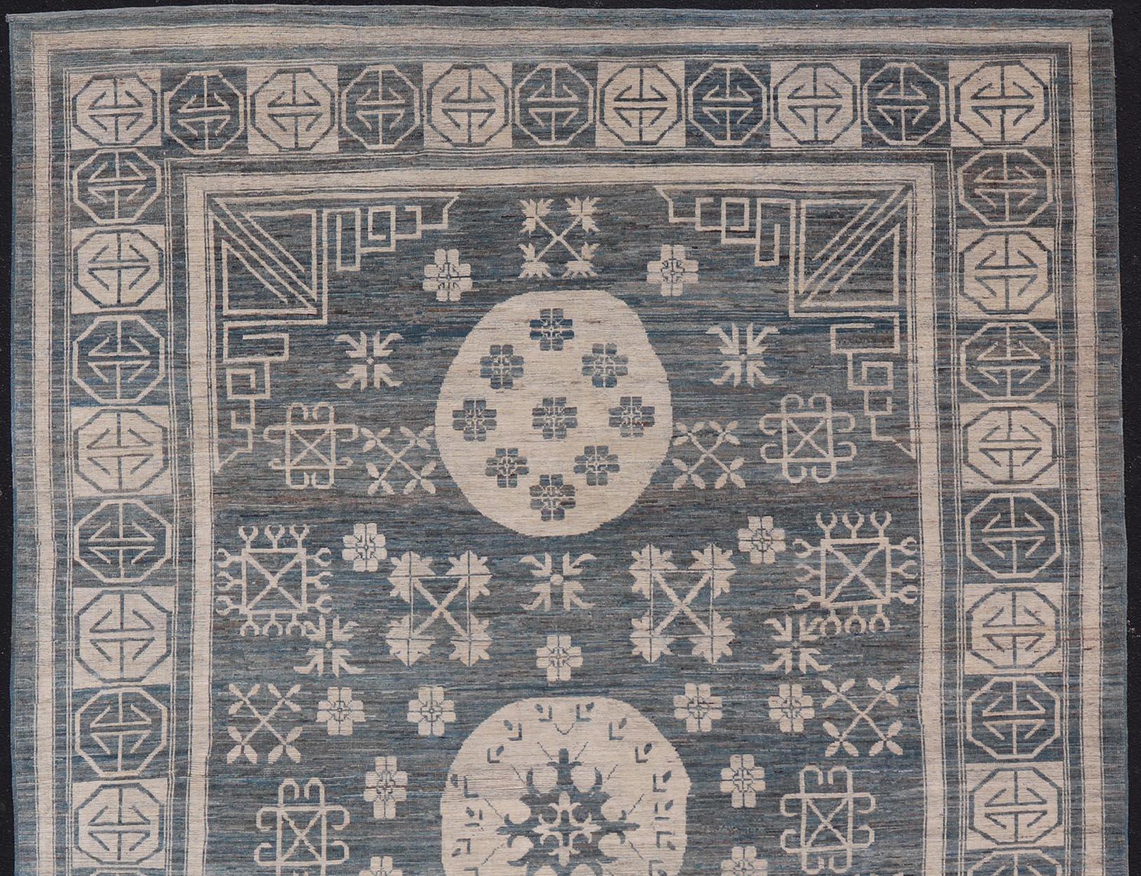 Modern Khotan Rug with Circular Medallions in Shades of Steel Blue & off White For Sale 2