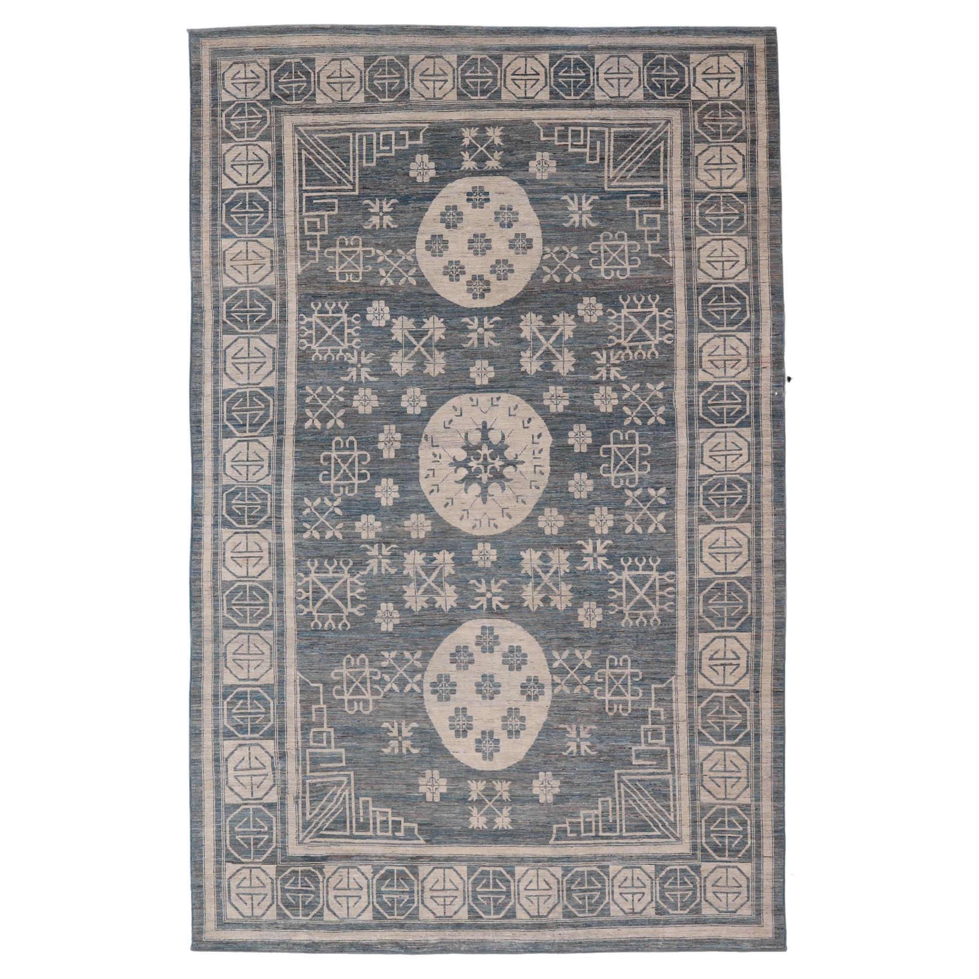 Modern Khotan Rug with Circular Medallions in Shades of Steel Blue & off White For Sale
