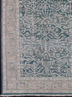Modern Khotan Rug with Geometric Design in Teal /Blue Background