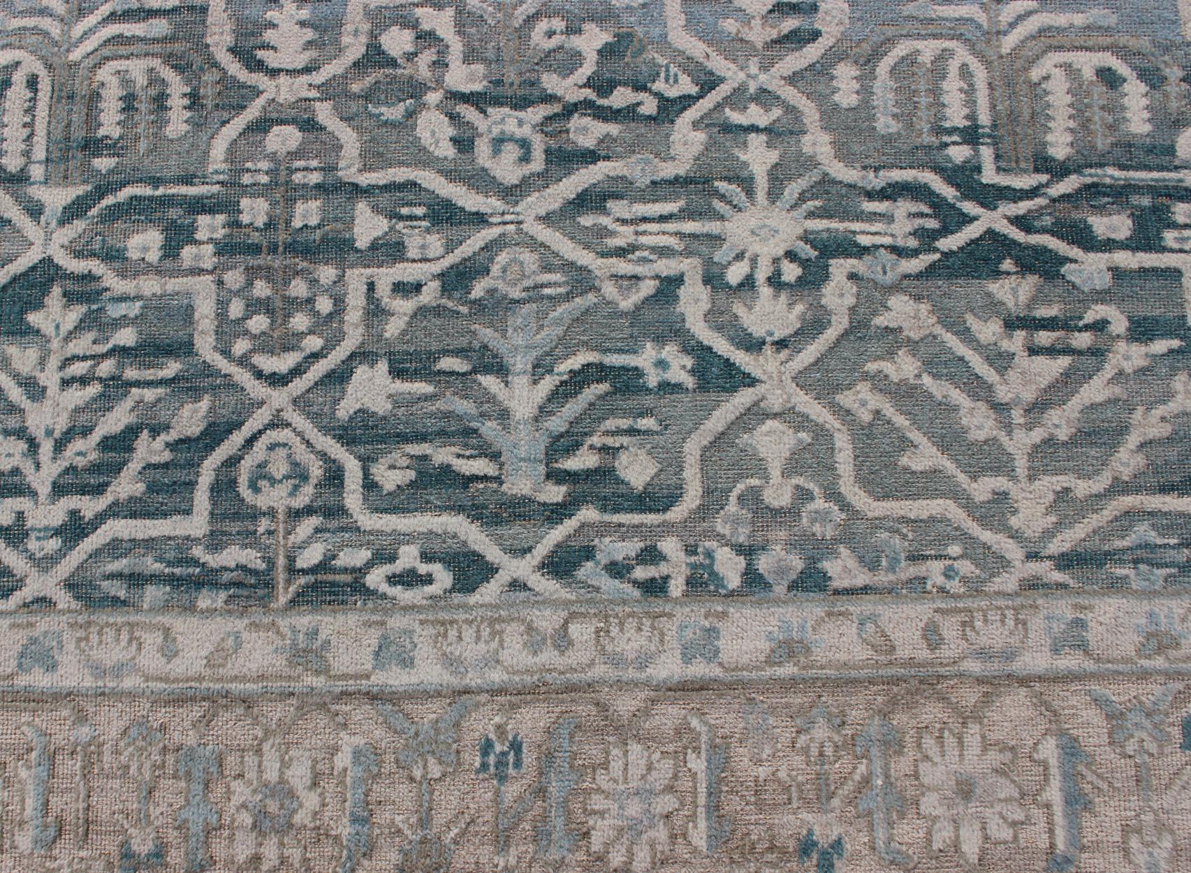 Modern Khotan Rug with Geometric Design in Teal /Blue Background For Sale 1