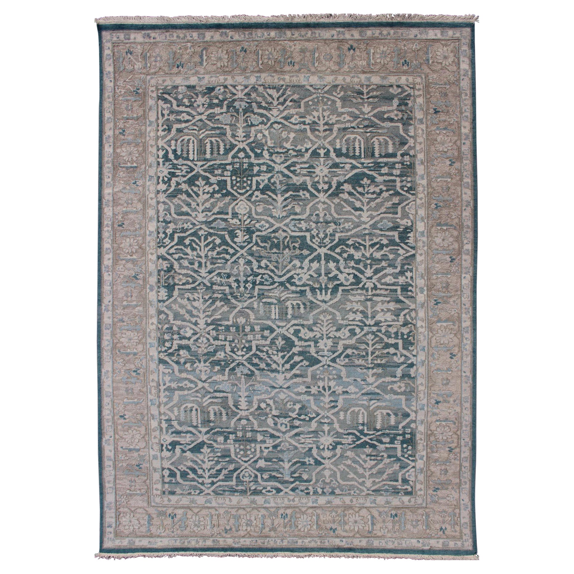 Tapis Khotan moderne à motifs géométriques sur fond bleu sarcelle
