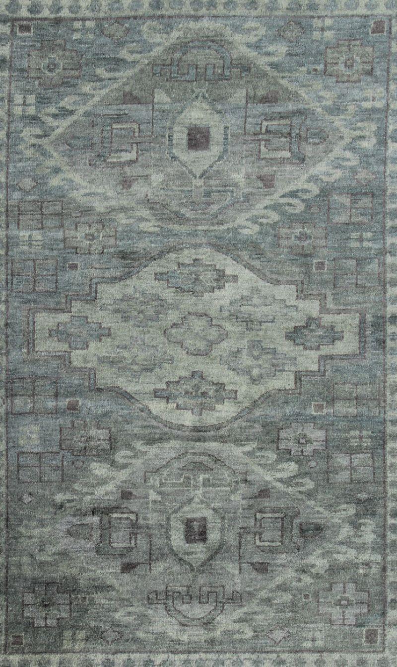 Indian Modern Khotan Rug with Geometric Design in Various Shades of Green and Brown For Sale