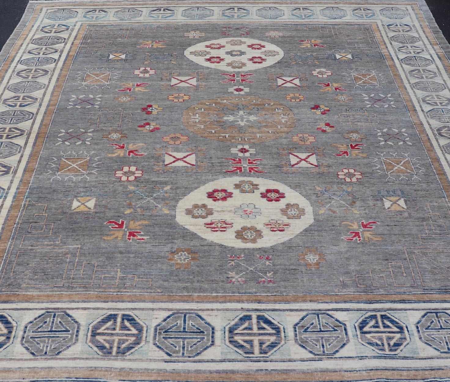 Modern Khotan Rug with Medallions in Shades of Gray, Red, and Brown For Sale 3