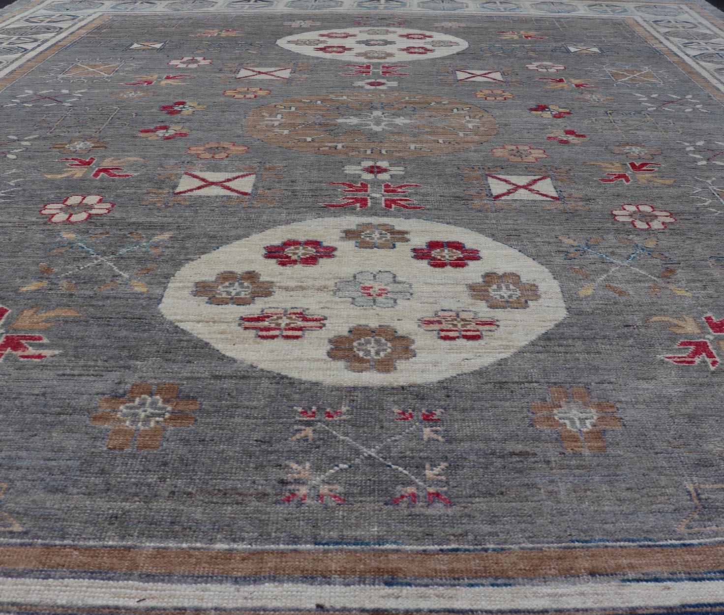 Modern Khotan Rug with Medallions in Shades of Gray, Red, and Brown For Sale 4