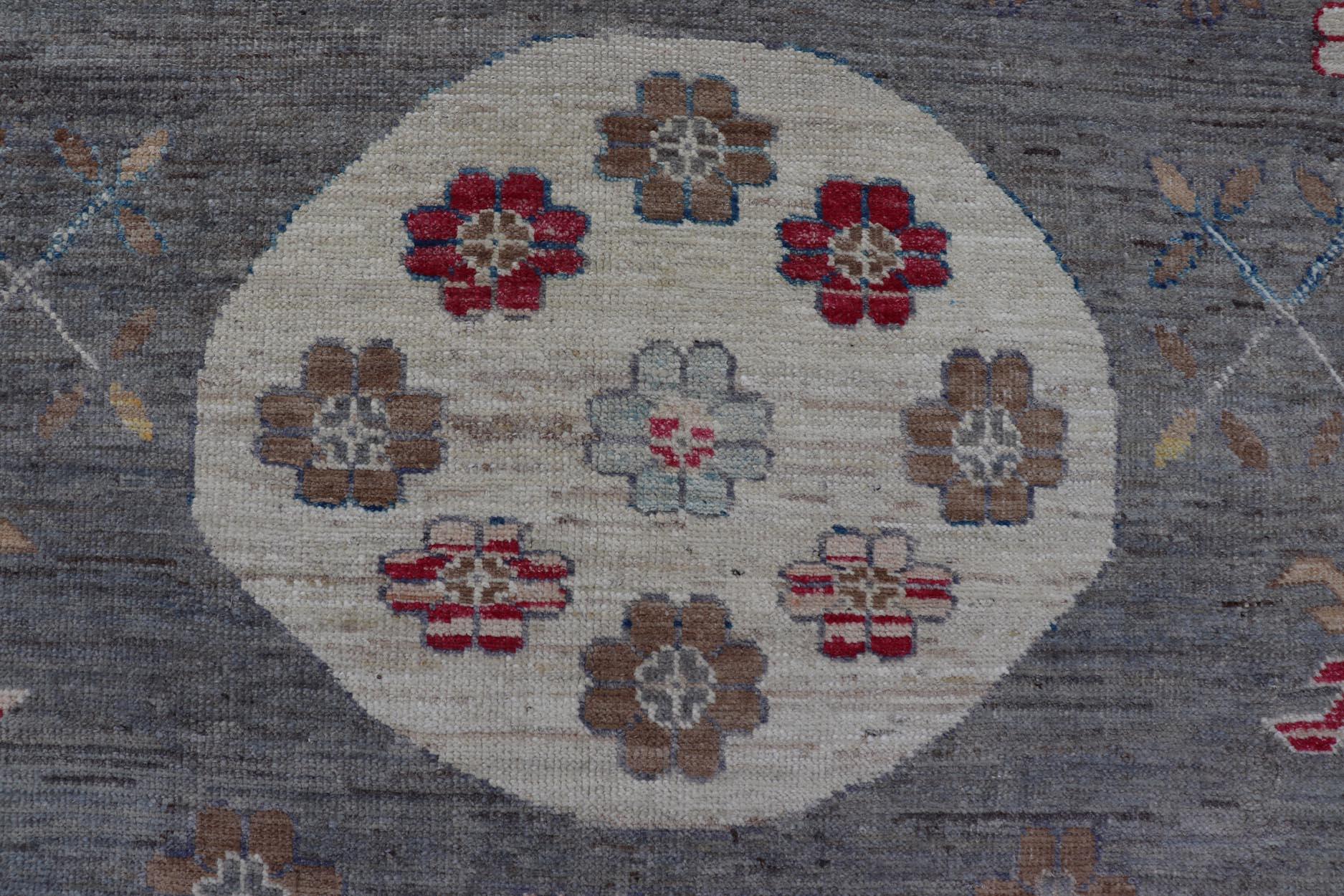 Hand-Knotted Modern Khotan Rug with Medallions in Shades of Gray, Red, and Brown For Sale