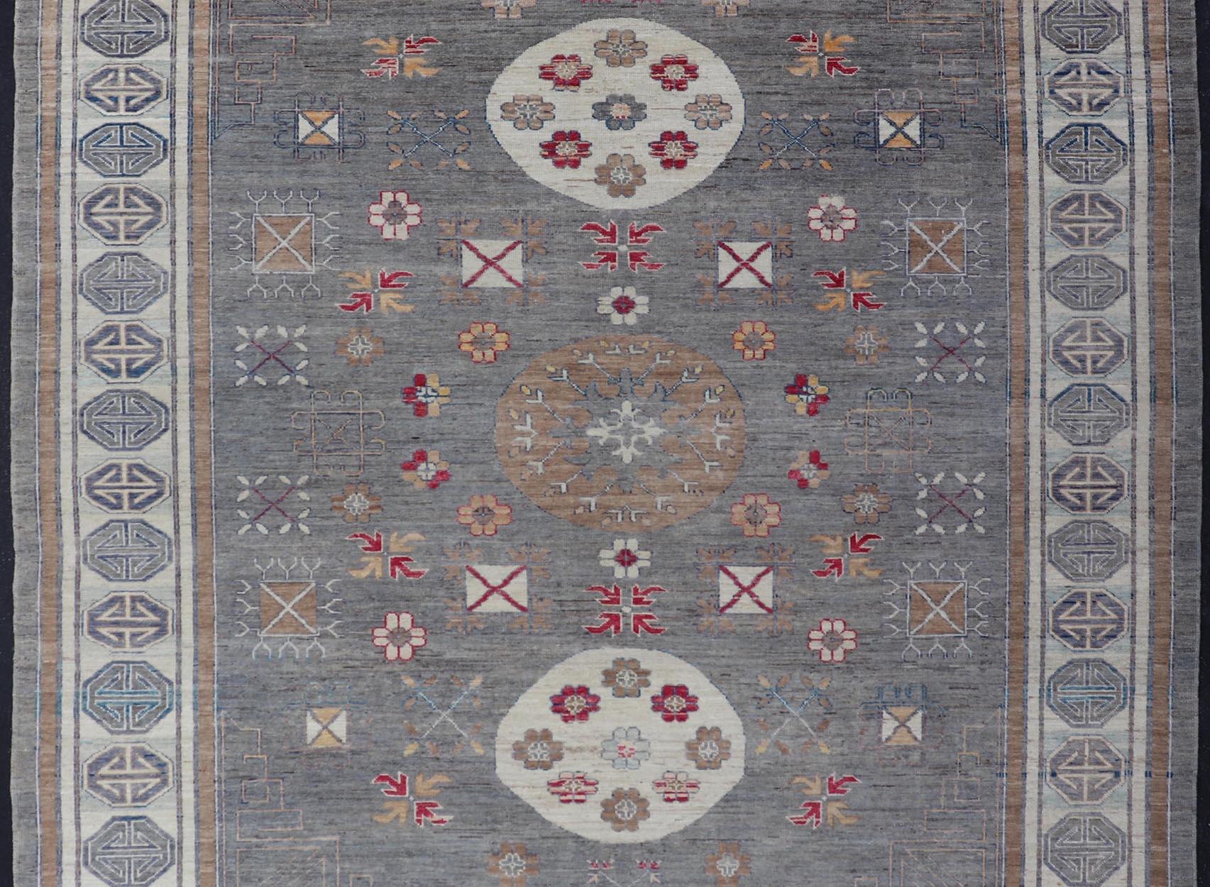 Contemporary Modern Khotan Rug with Medallions in Shades of Gray, Red, and Brown For Sale