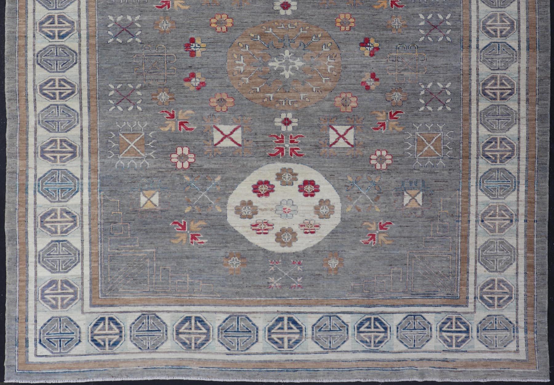 Wool Modern Khotan Rug with Medallions in Shades of Gray, Red, and Brown For Sale