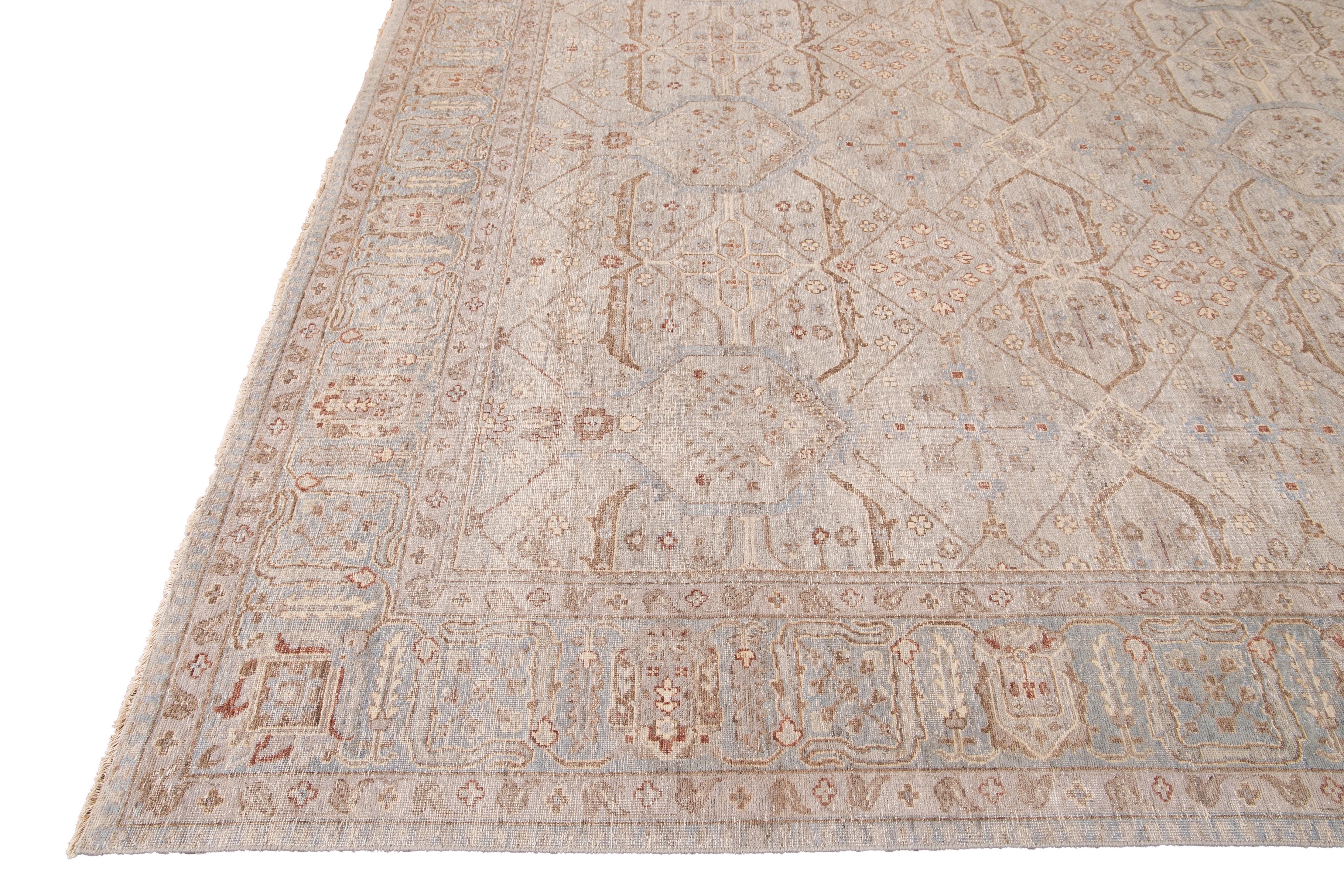 Hand-Knotted Apadana's Modern Khotan Style Beige and Blue Handmade Floral Square Wool Rug For Sale