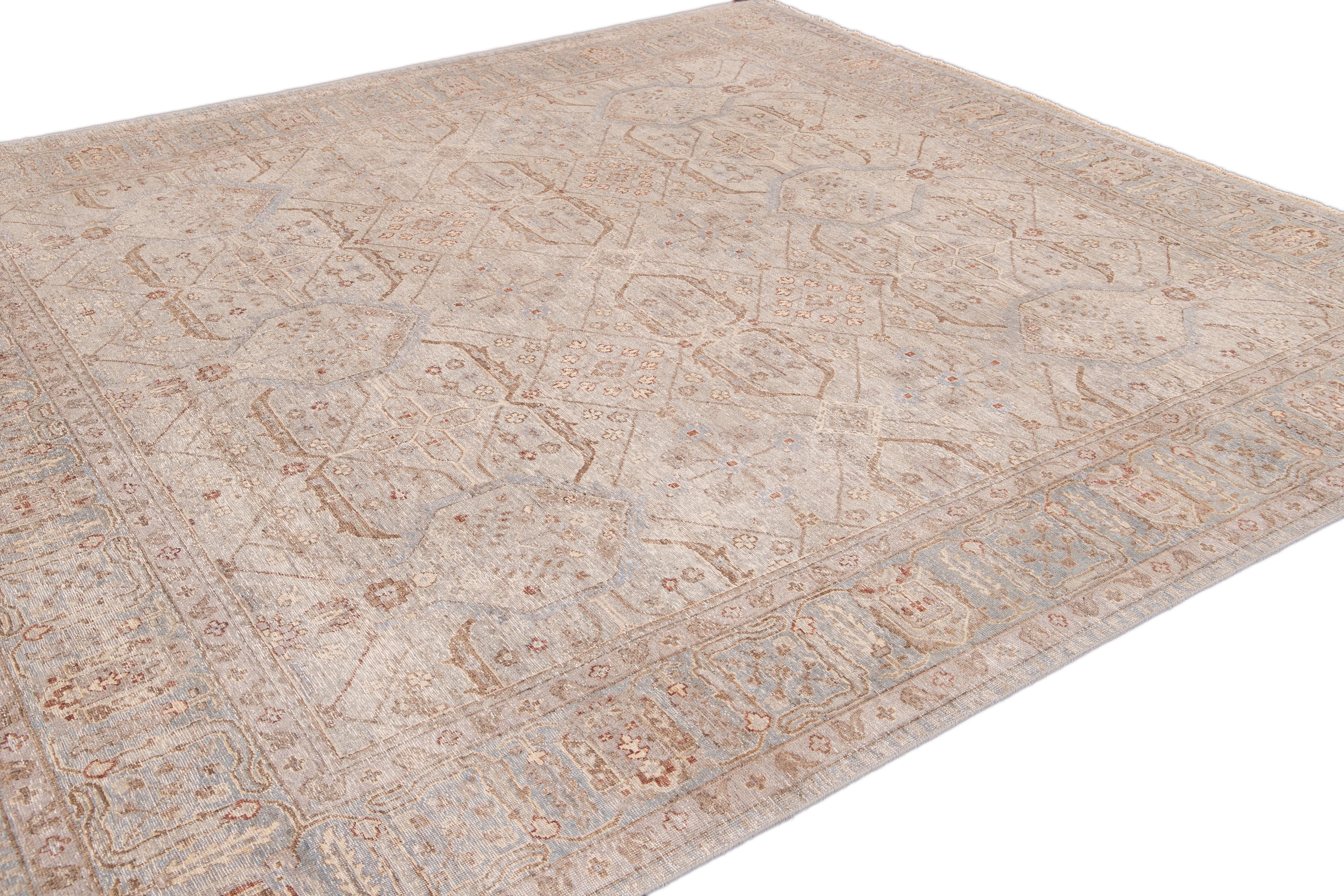 Apadana's Modern Khotan Style Beige and Blue Handmade Floral Square Wool Rug In New Condition For Sale In Norwalk, CT