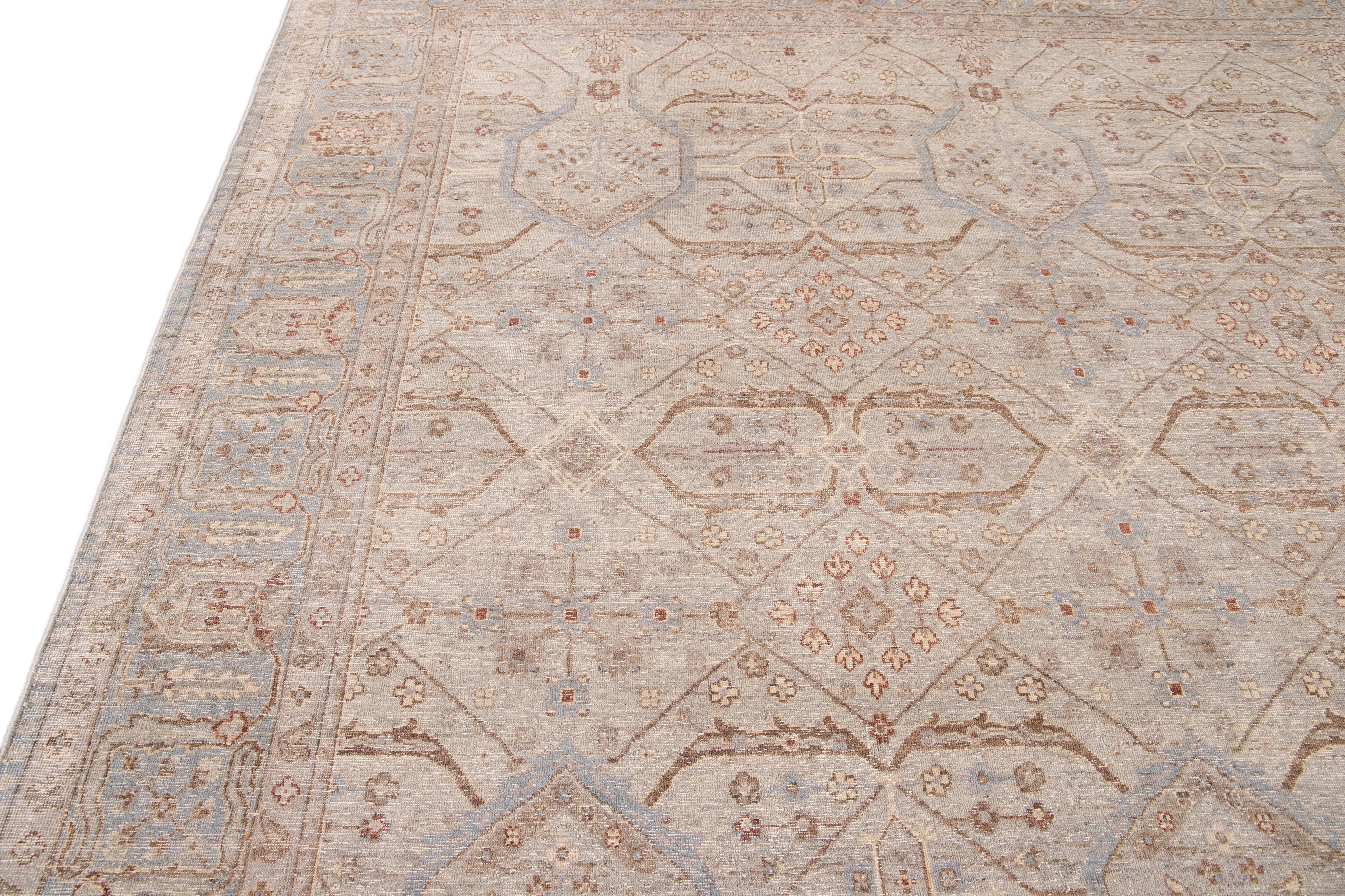 Apadana's Modern Khotan Style Beige and Blue Handmade Floral Square Wool Rug For Sale 2