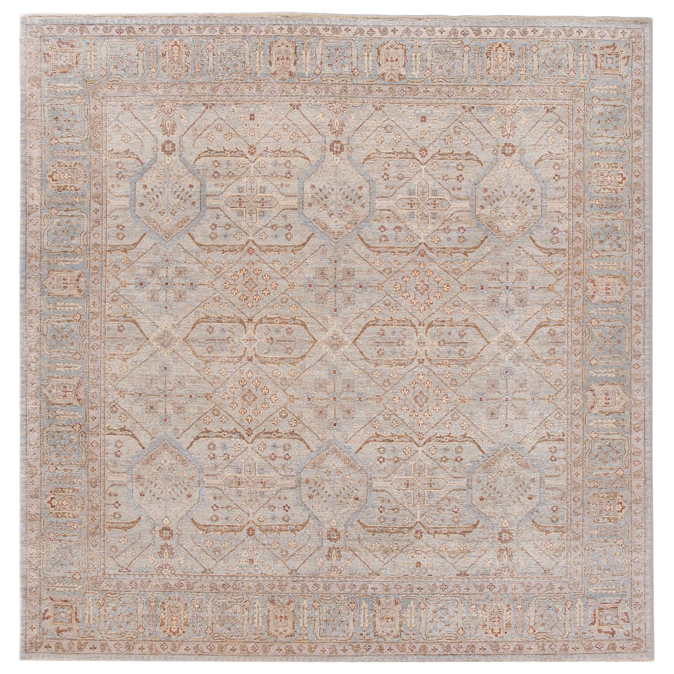 Apadana's Modern Khotan Style Beige and Blue Handmade Floral Square Wool Rug