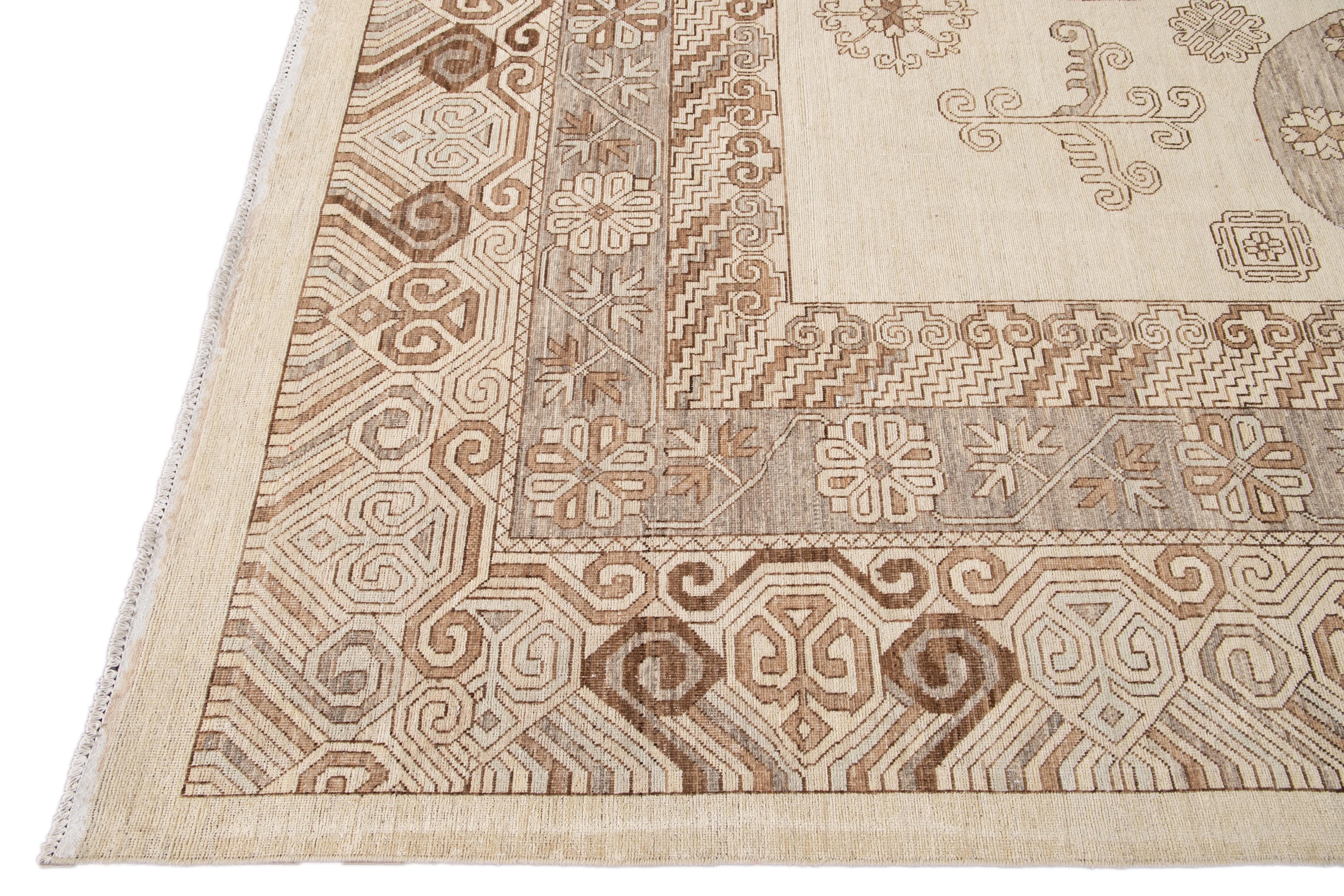 Hand-Knotted Modern Khotan Style Beige Handmade Oversize Wool Rug For Sale