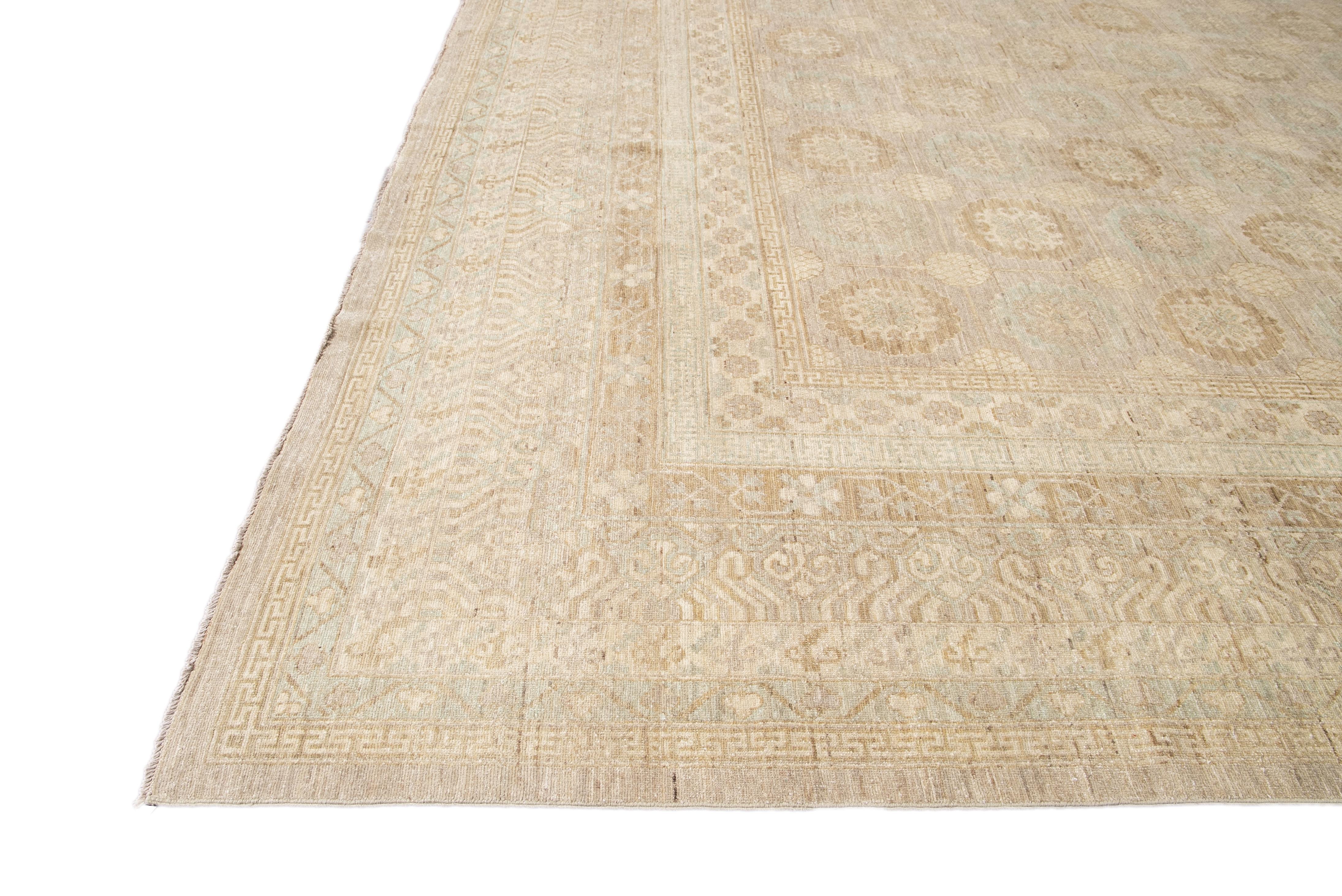 Hand-Knotted Modern Khotan Style Beige Oversize Handmade Floral Wool Rug For Sale