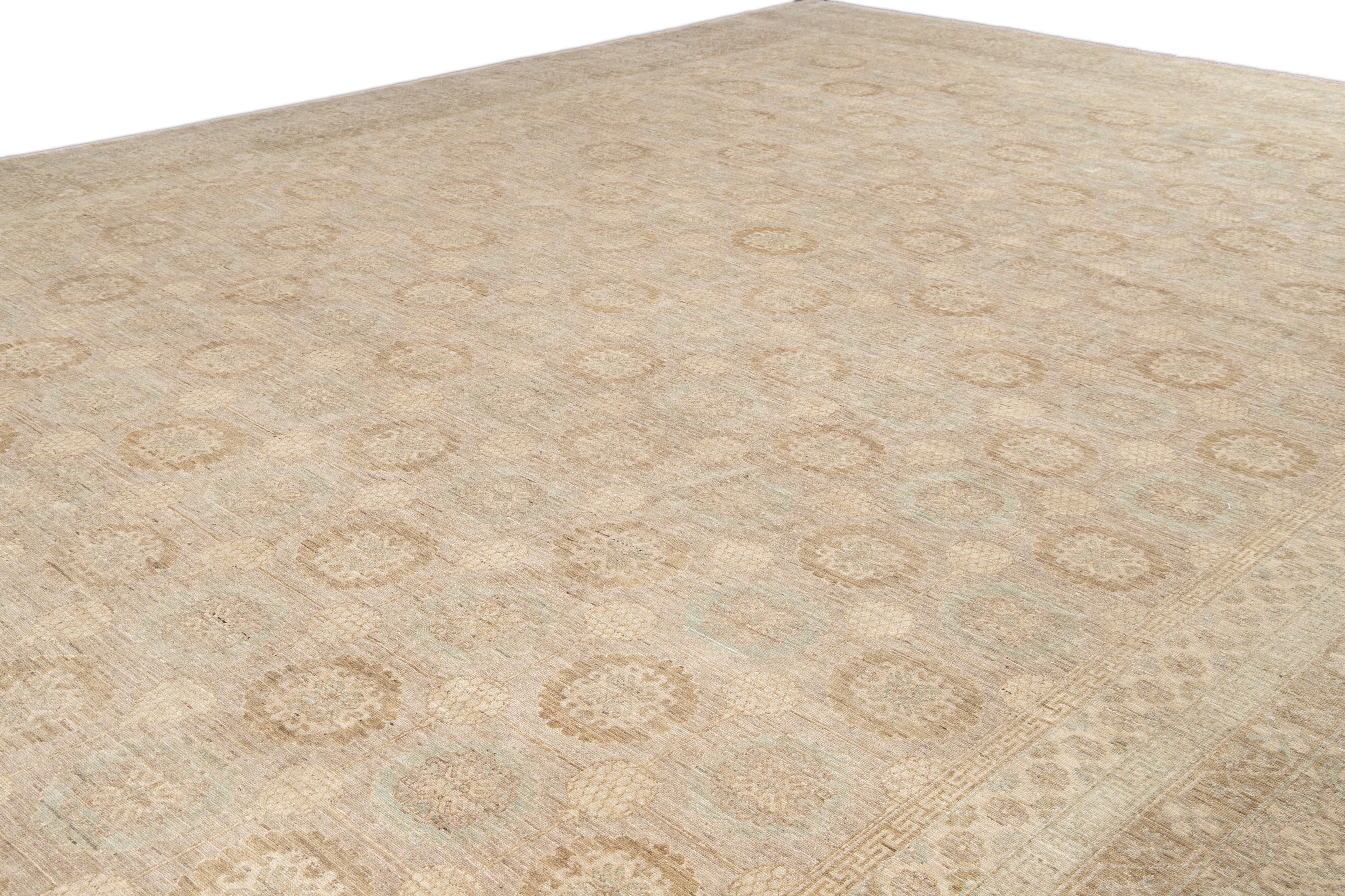 Contemporary Modern Khotan Style Beige Oversize Handmade Floral Wool Rug For Sale