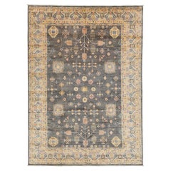 Tapis moderne en laine de style Khotan, gris anthracite et or, fait main 10x14
