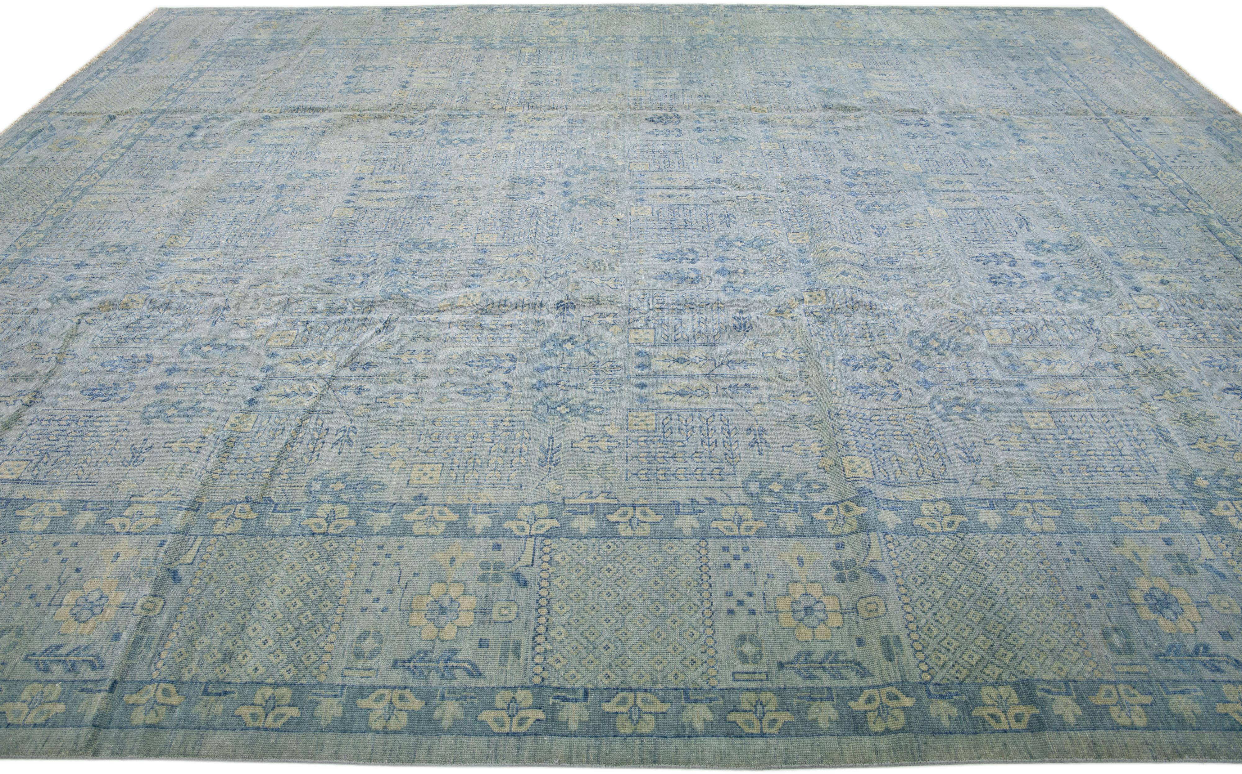 Hand-Knotted Modern Khotan Style Gray Handmade Wool Rug with Allover Motif For Sale