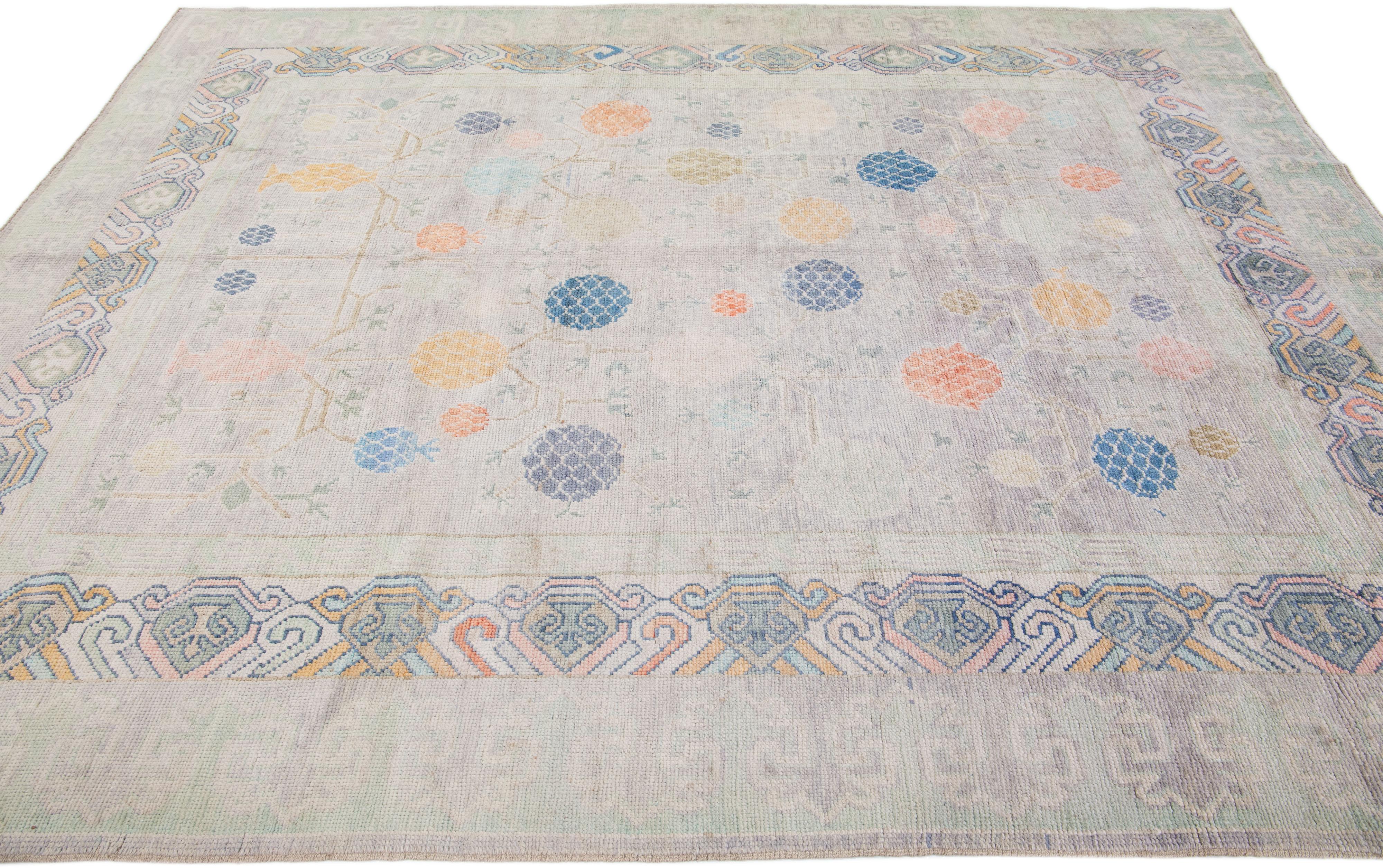 Hand-Knotted Modern Khotan Style Gray Handmade Wool Rug With Multicolor Pattern For Sale