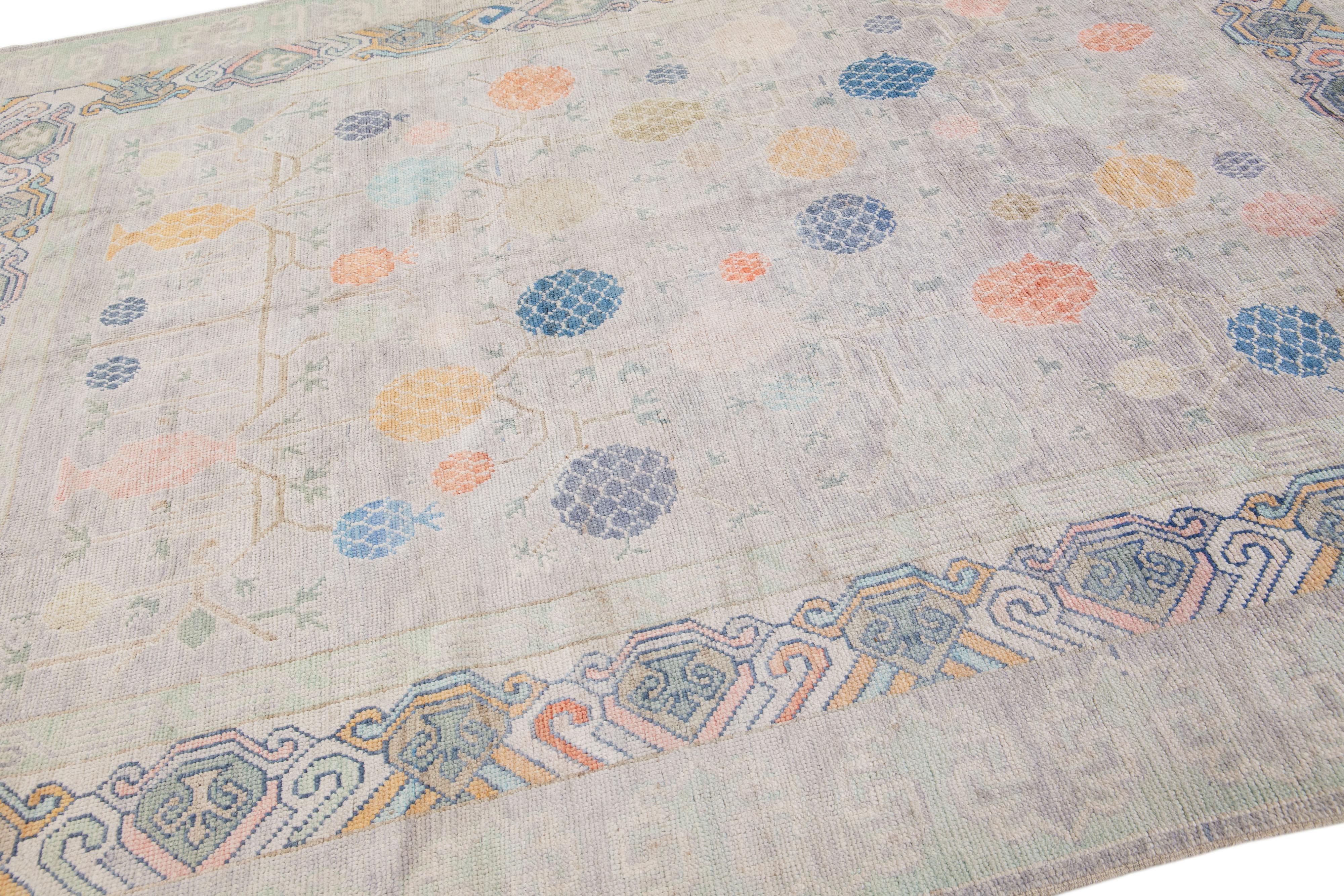 Modern Khotan Style Gray Handmade Wool Rug With Multicolor Pattern In New Condition For Sale In Norwalk, CT