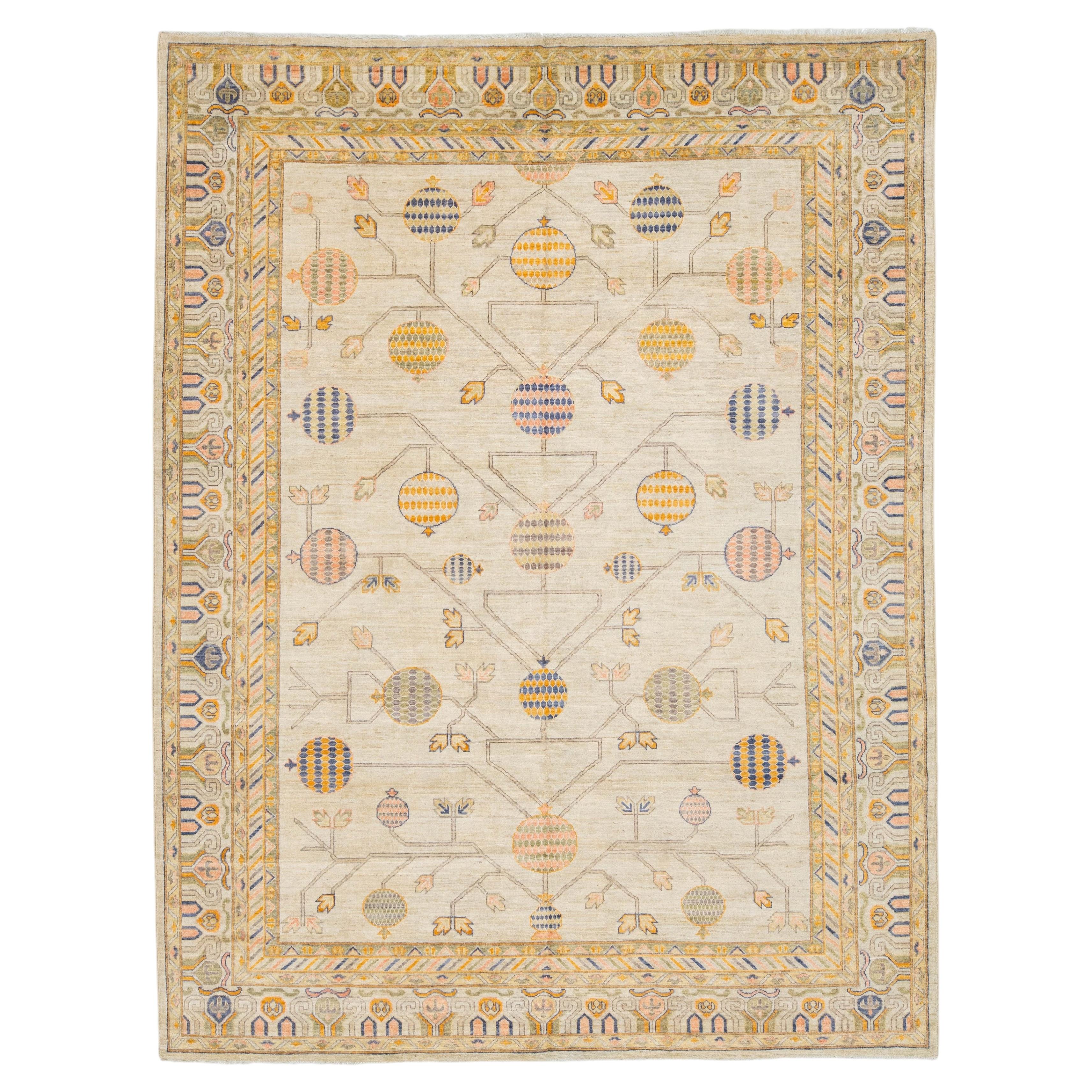 Modern Khotan Style Hand-Knotted Cream Wool Rug Pomegranate Tree of Life Design For Sale