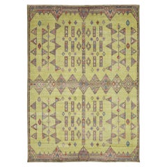 Modern Khotan Style Hand-Knotted Wool Rug - Green & Earth Tone Geometric Design