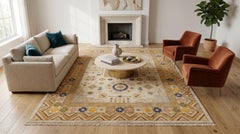 Tappeto moderno in lana annodato a mano in stile Khotan Neutro e ocra di transizione 10x14