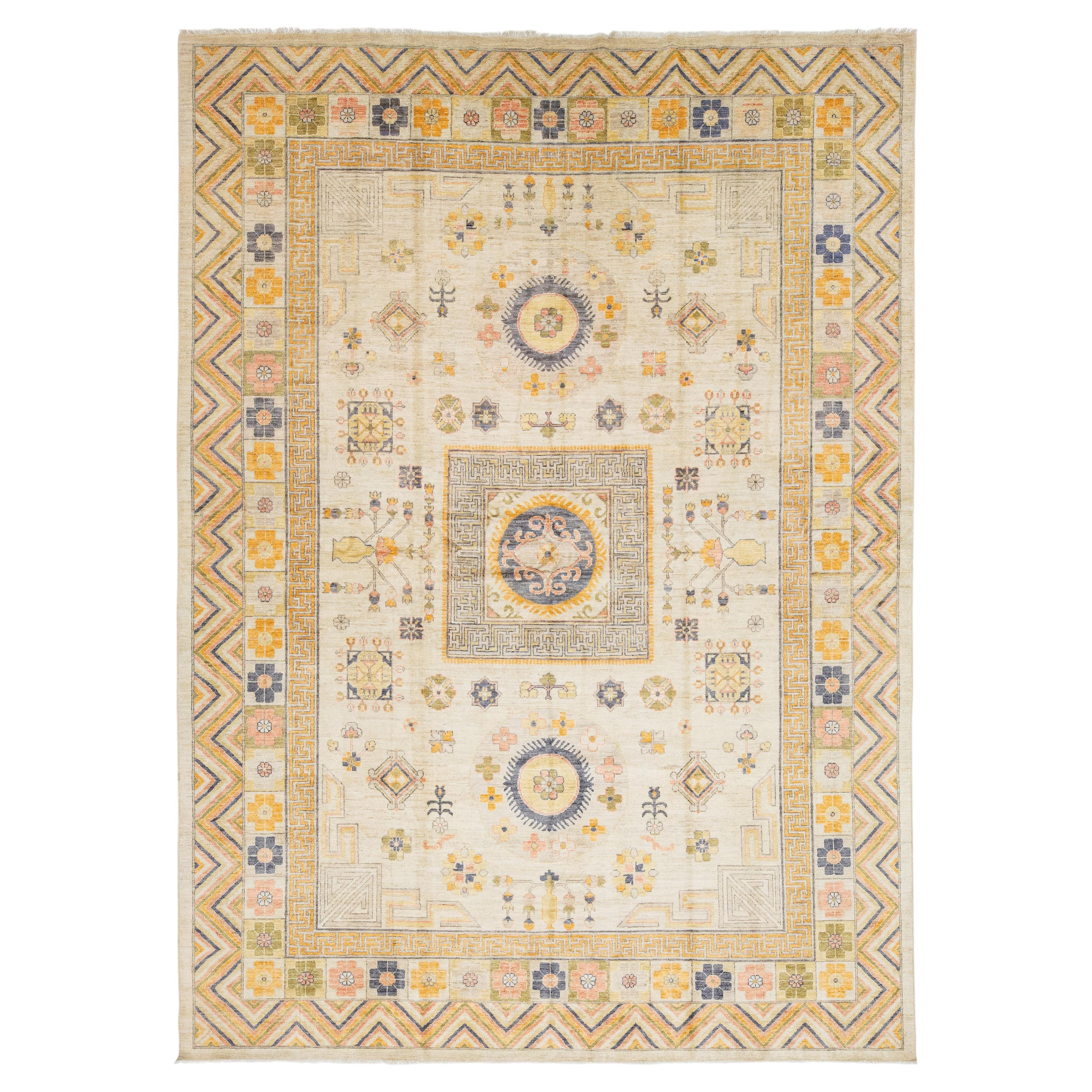 Modern Khotan Style Hand-Knotted Wool Rug  Neutral & Ochre Transitional 10x14
