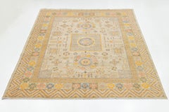 Modern Khotan Style Hand-Knotted Wool Rug - Pastel Geometric Medallion Design