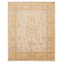 Modern Khotan Style Hand-Knotted Wool Rug - Pastel Geometric Medallion Design