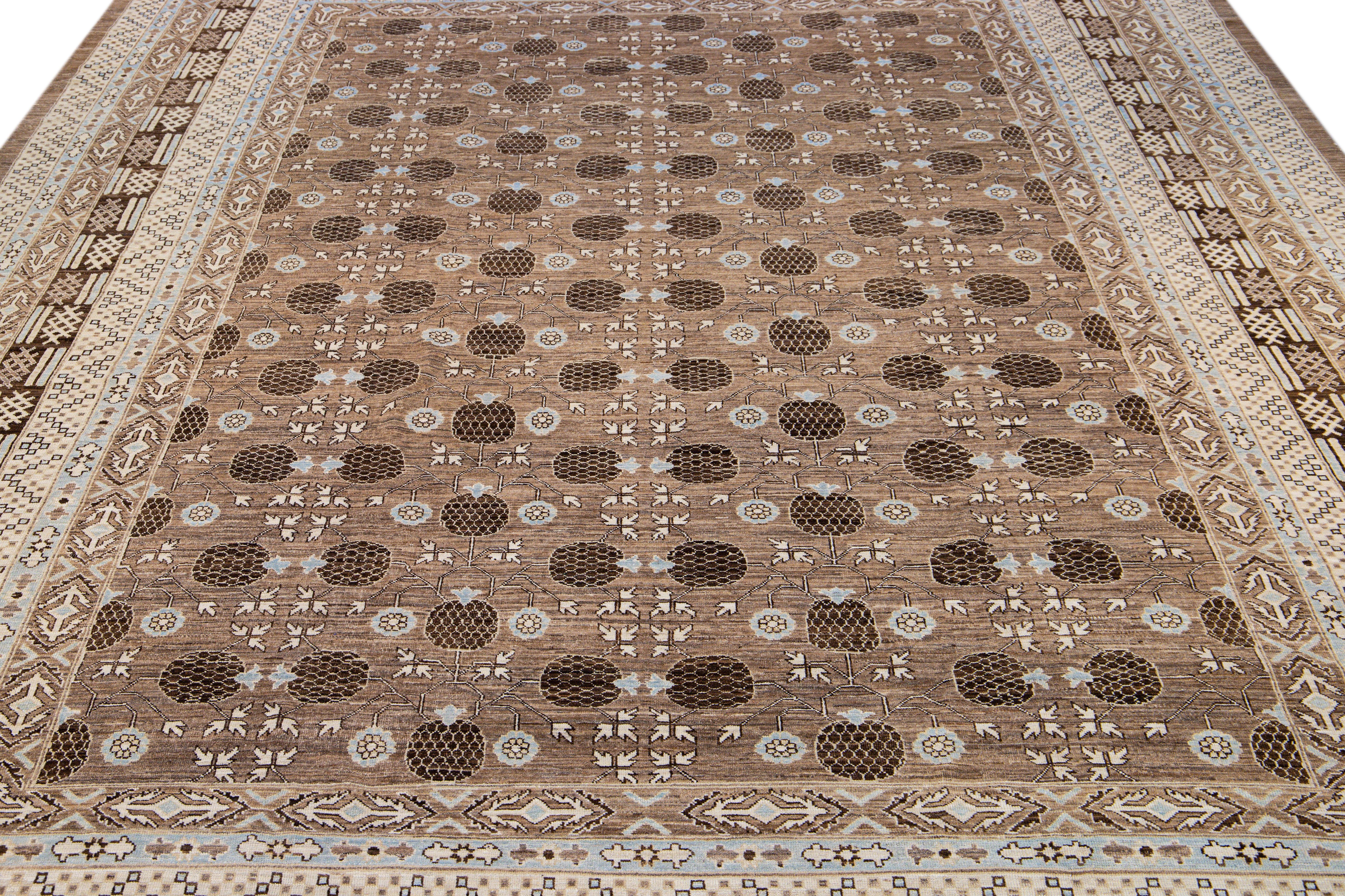 Pakistani Modern Khotan Style Handmade Geometric Brown Oversize Wool Area Rug For Sale