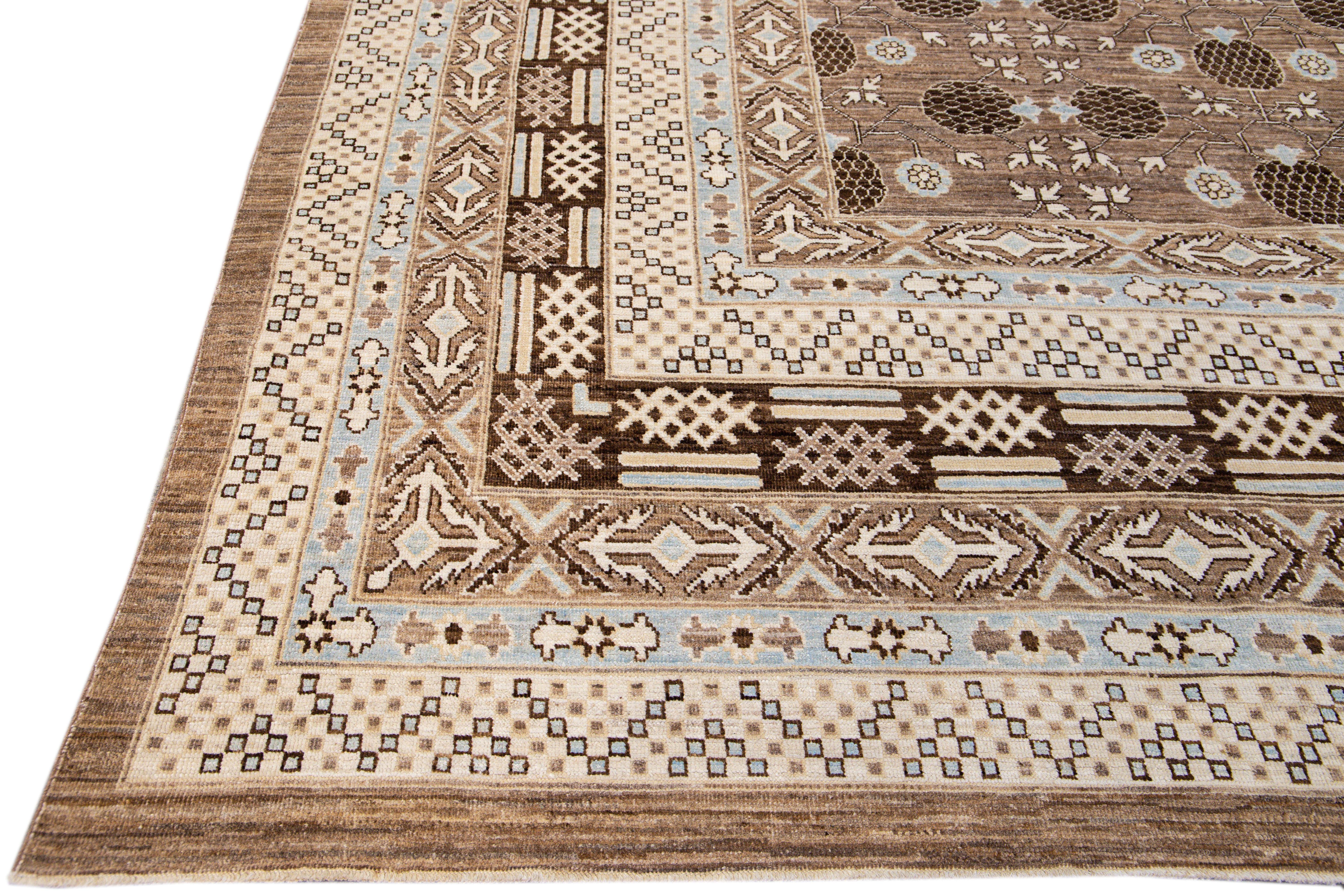 Hand-Knotted Modern Khotan Style Handmade Geometric Brown Oversize Wool Area Rug For Sale