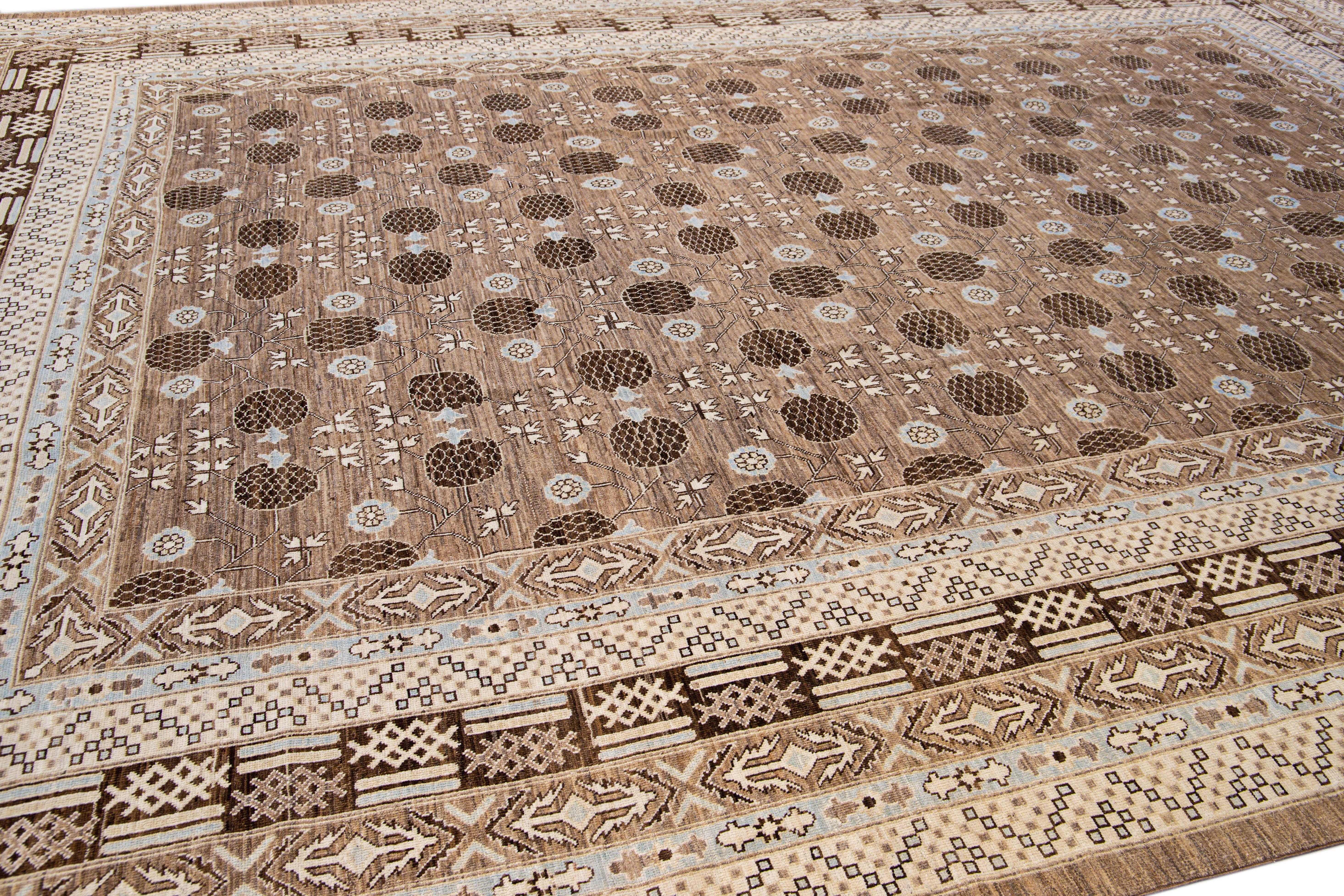 Modern Khotan Style Handmade Geometric Brown Oversize Wool Area Rug In New Condition For Sale In Norwalk, CT