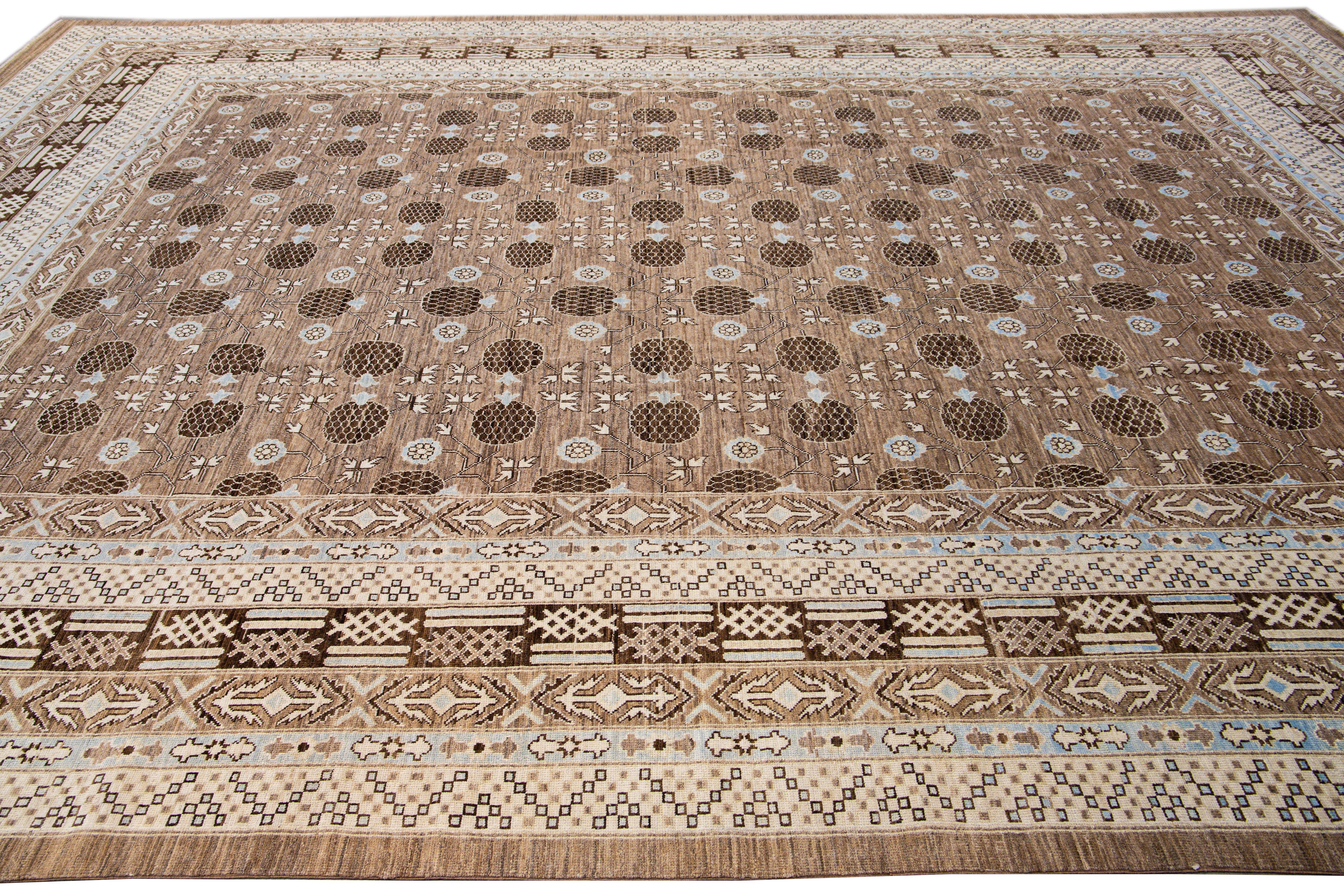 Contemporary Modern Khotan Style Handmade Geometric Brown Oversize Wool Area Rug For Sale
