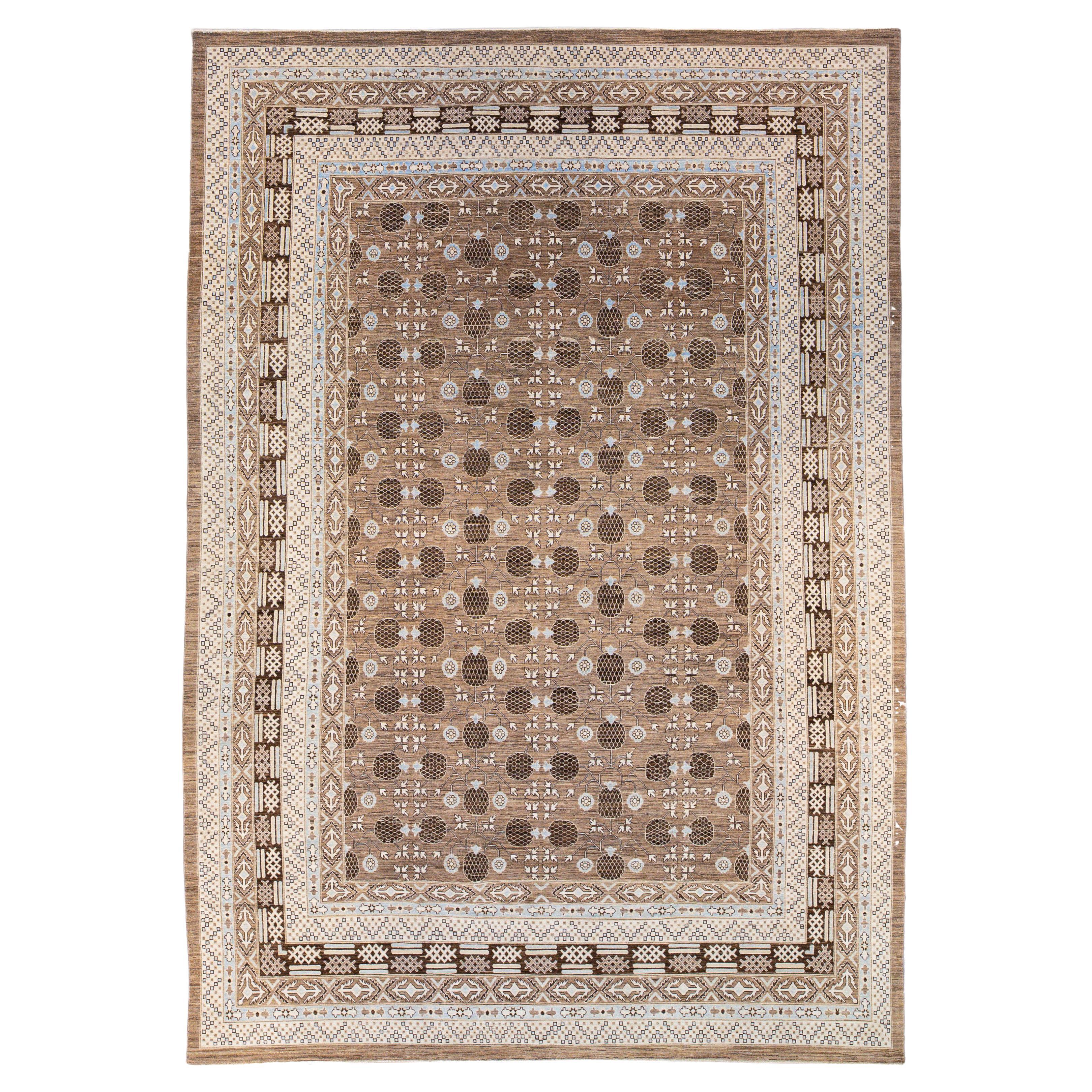 Modern Khotan Style Handmade Geometric Brown Oversize Wool Area Rug For Sale