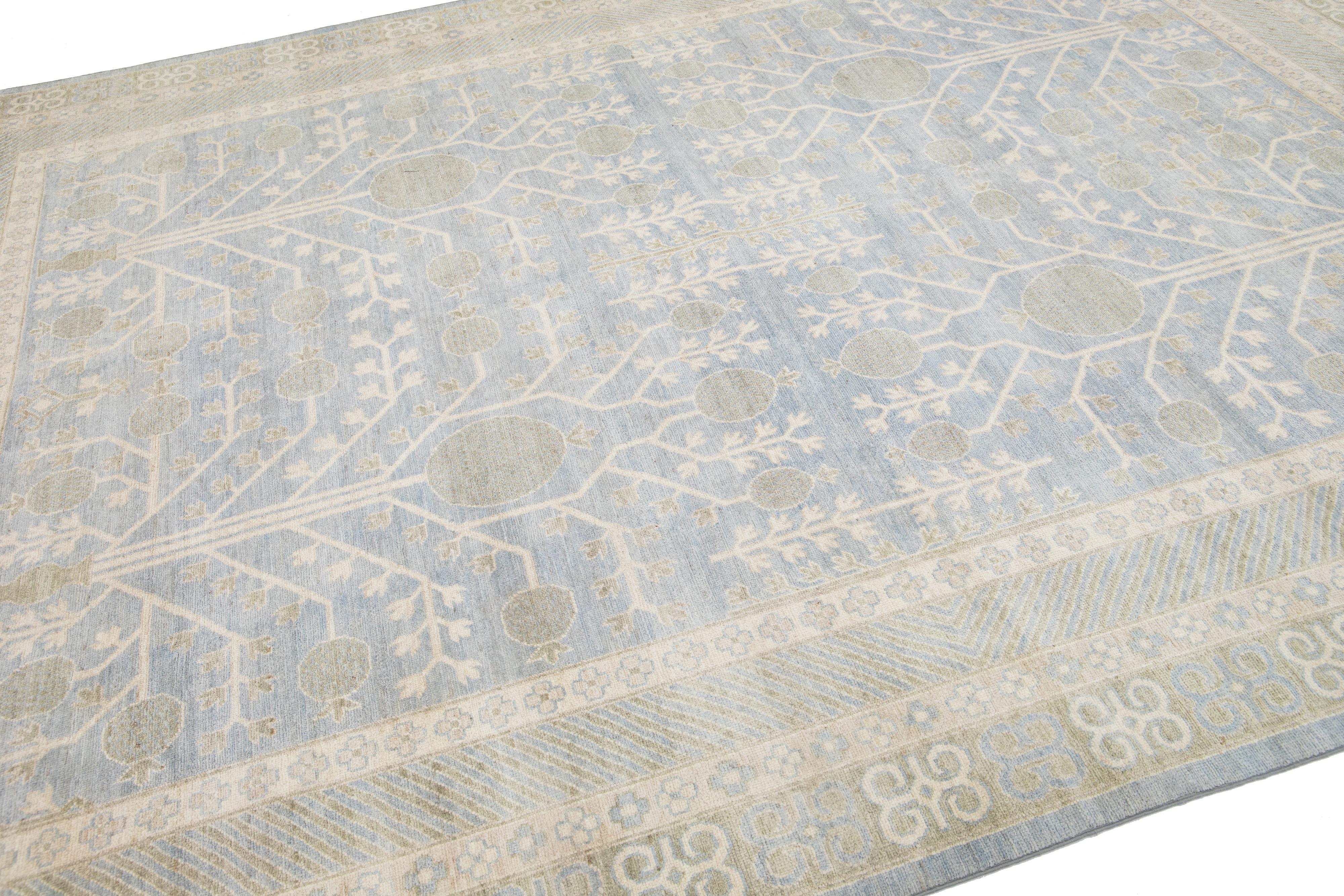 Hand-Knotted Modern Khotan Style Handmade Gray & Green Wool Rug with Allover Motif For Sale