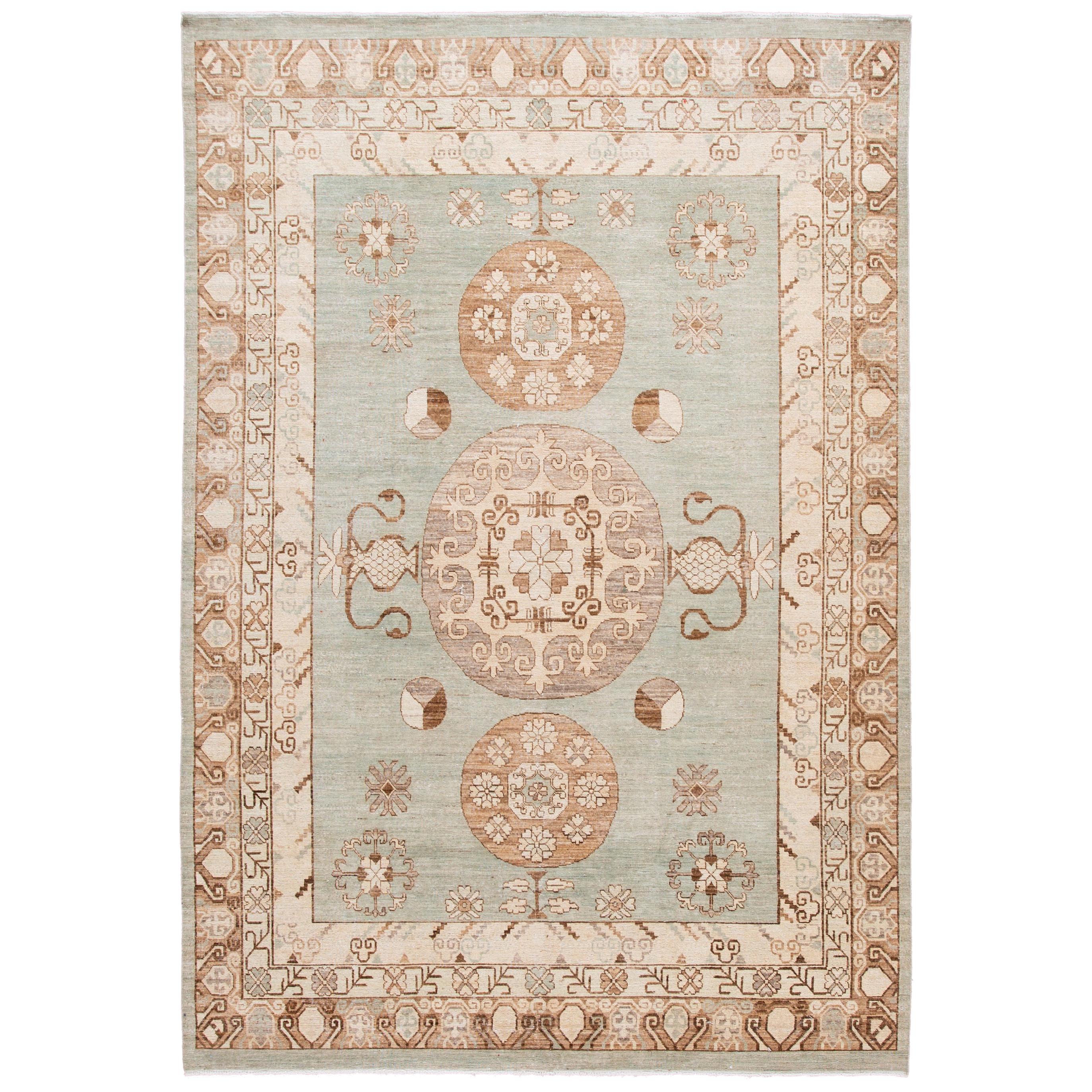 Modern Khotan Style Handmade Green Geometric Wool Rug For Sale