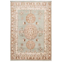 Modern Khotan Style Handmade Green Geometric Wool Rug