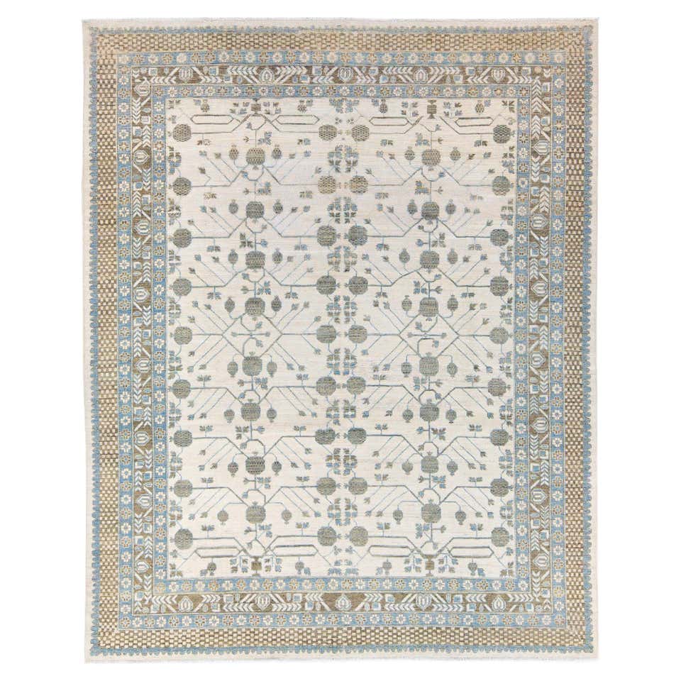 Maddalena Contemporary Geometric Design Ivory and Light Grey Wool Rug ...