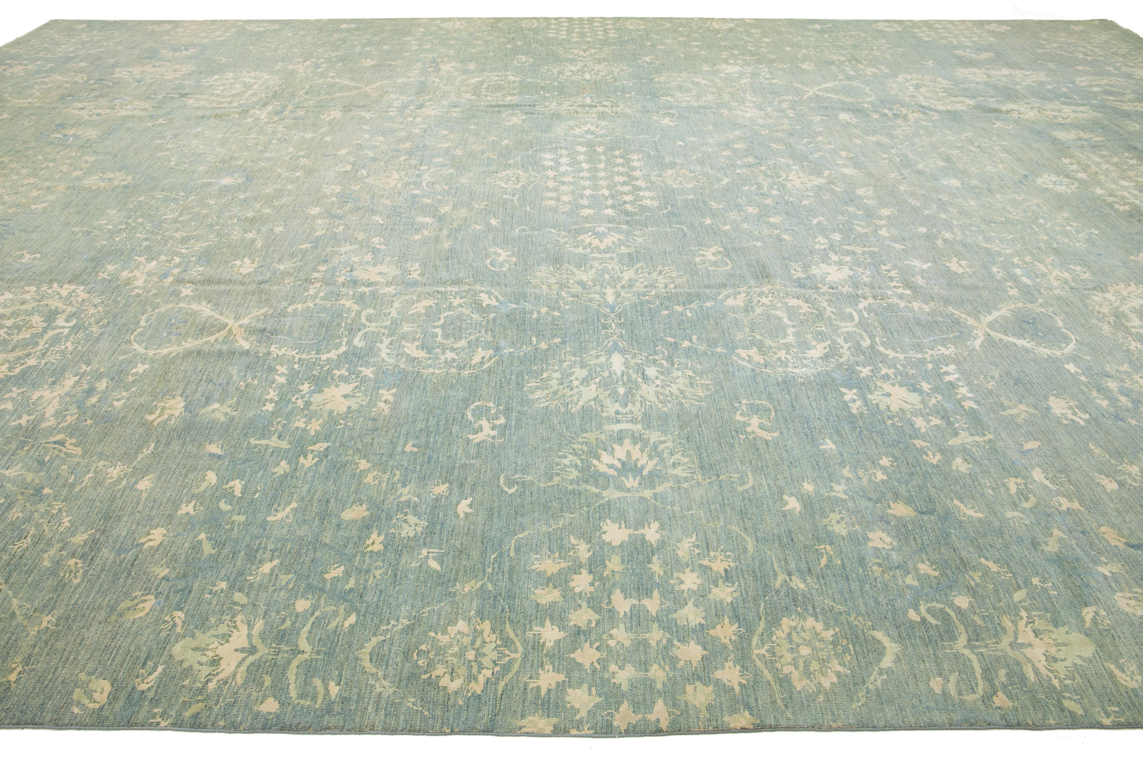 Modern Khotan Style Handmade Oversized Wool Rug With Allover Design In Blue  In New Condition For Sale In Norwalk, CT